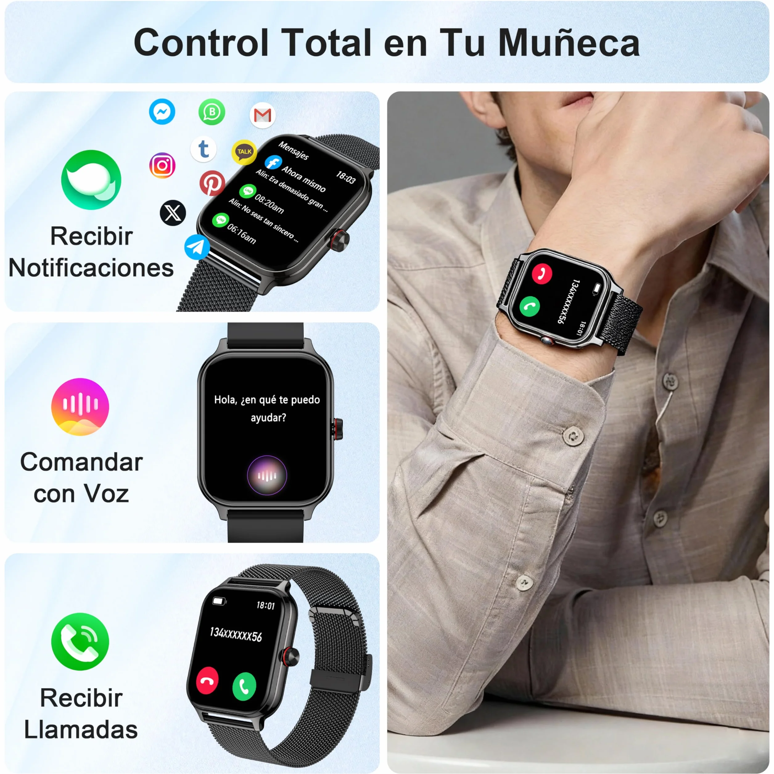 LODIMEKE Reloj Inteligente Mujer Hombre con Llamadas AI Voz y Whatsapp, 1.96" Smartwatch Monitor de Presión Arterial/SpO2/ Sueño/Podómetro/ 100+ Deportes, Pulsera Regalo iOS Android