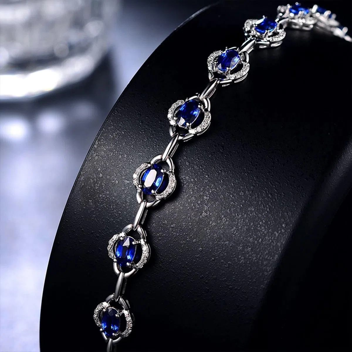 Pulseras Mujer de Oro Blanco 9K / 14K / 18K, Hueco y Oval con Zafiro y Diamante, Cadena Extensible 16 CM + 5 CM, Pulseras de Ajustable Mujer de Plata Azul
