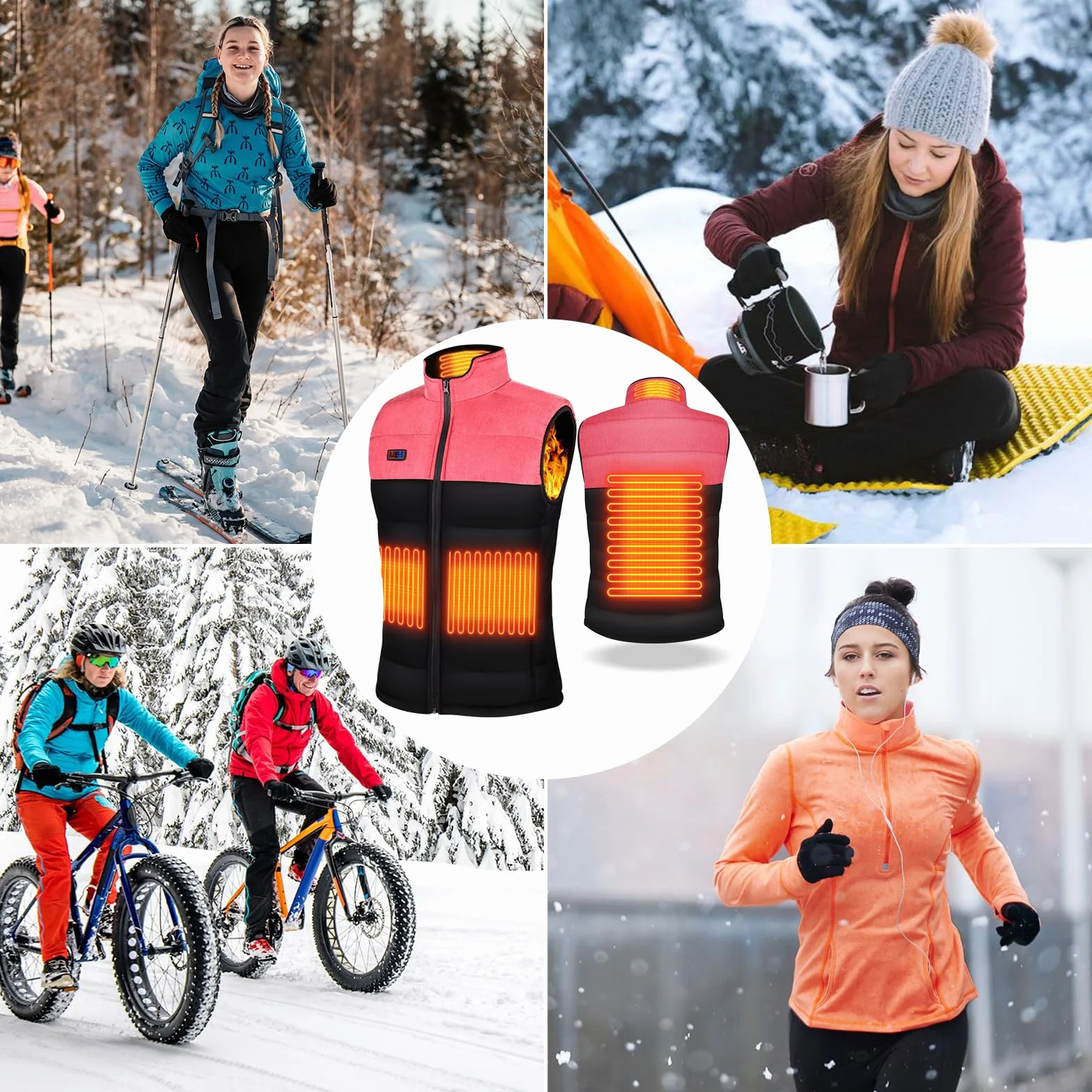 Chaleco Calefactable Mujer 4 Zonas 3 Niveles Temperatura USB Eléctrico para Exterior Pesca Esquí