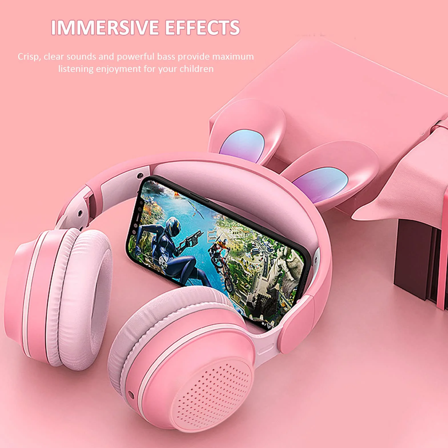 Auriculares para Niños, Auriculares Bluetooth 5.0 con Oreja de Conejo, Auriculares Inalámbricos Plegables con Luz LED sobre la Oreja, Soporte TF/AUX, Regalos para Niños, Niños Pequeños,(Rosado)
