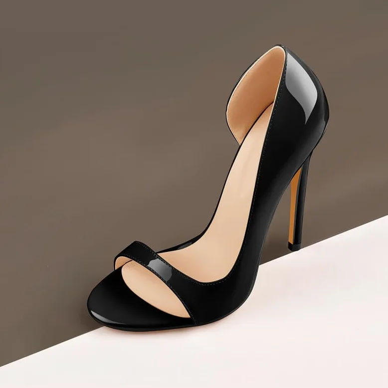 Zapatos de tacón clásico para mujer Stiletto Tacones altos redondos Zapatos abiertos de mujer laca