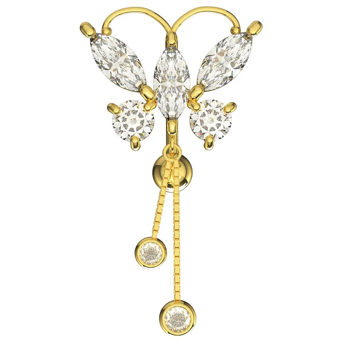Monster Piercing Piercing para ombligo de oro amarillo macizo de 14 quilates con piedra circonita cúbica redonda en cadena colgante, calibre 14, joyería