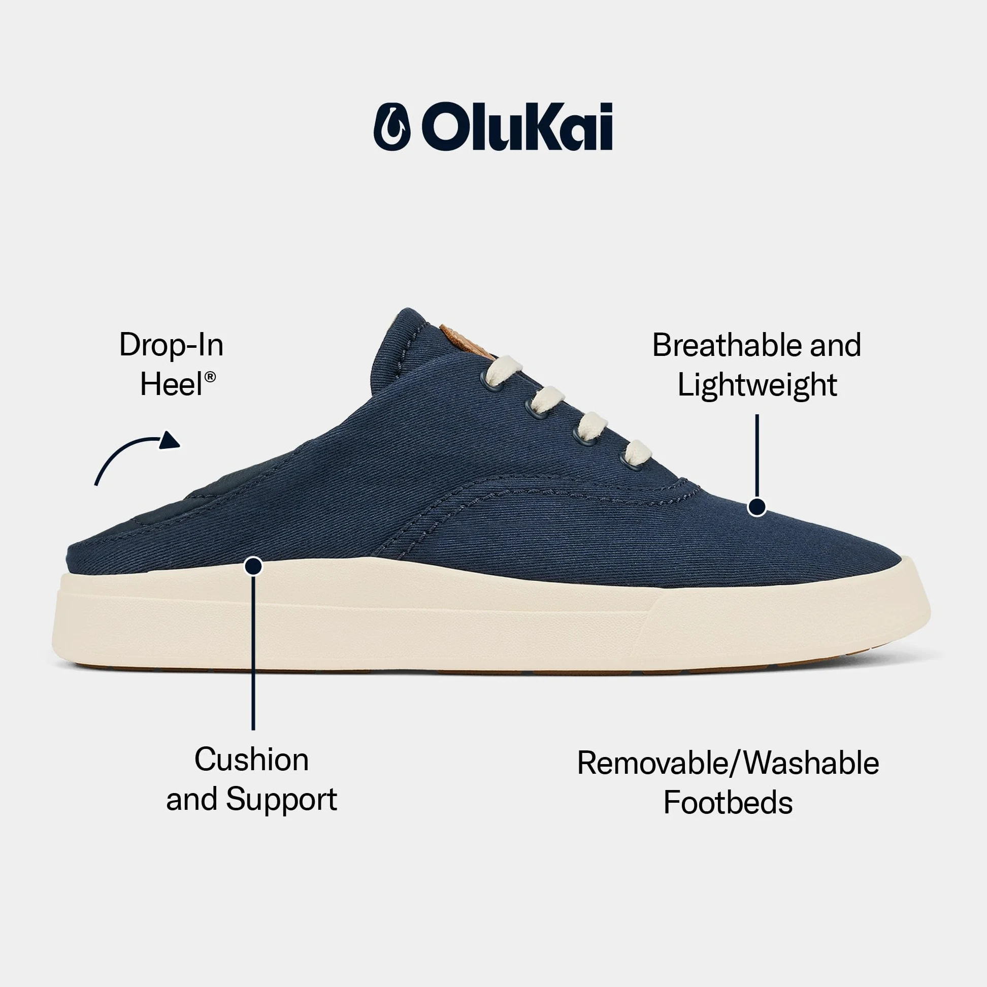 OLUKAI Kohu - Tenis de uso diario para mujer, lona ligera y diseño clásico de cordones, comodidad y apoyo durante todo el día, azul marino/azul marino, 38 EU