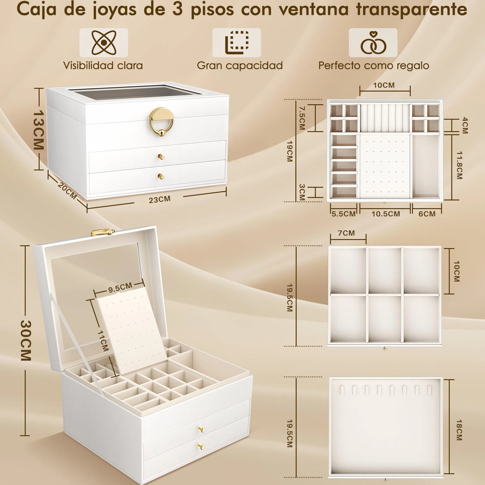Caja Grande para Joyas 3 Niveles 24 Compartimentos Organizador de Anillos Collares y Pendientes con Tapa Transparente Blanco Mate
