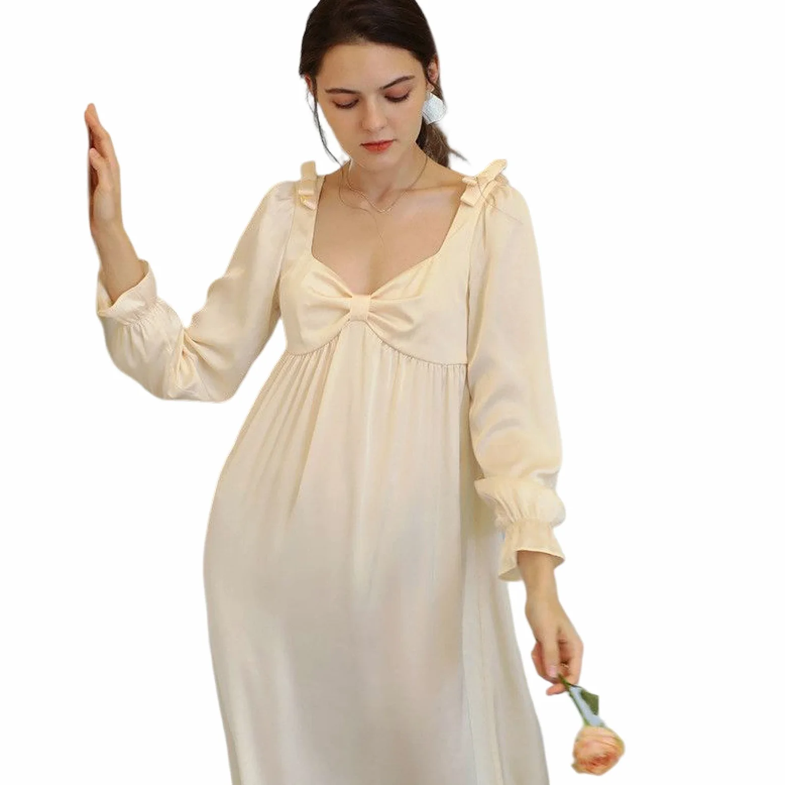 OFFSUM Camisón De Pijama De Mujer - Camisón De Seda Elegante con Cuello En V para Primavera Y Otoño Camisón Vintage De Princesa con Lazo Dulce Ropa De Salón De Talla Grande