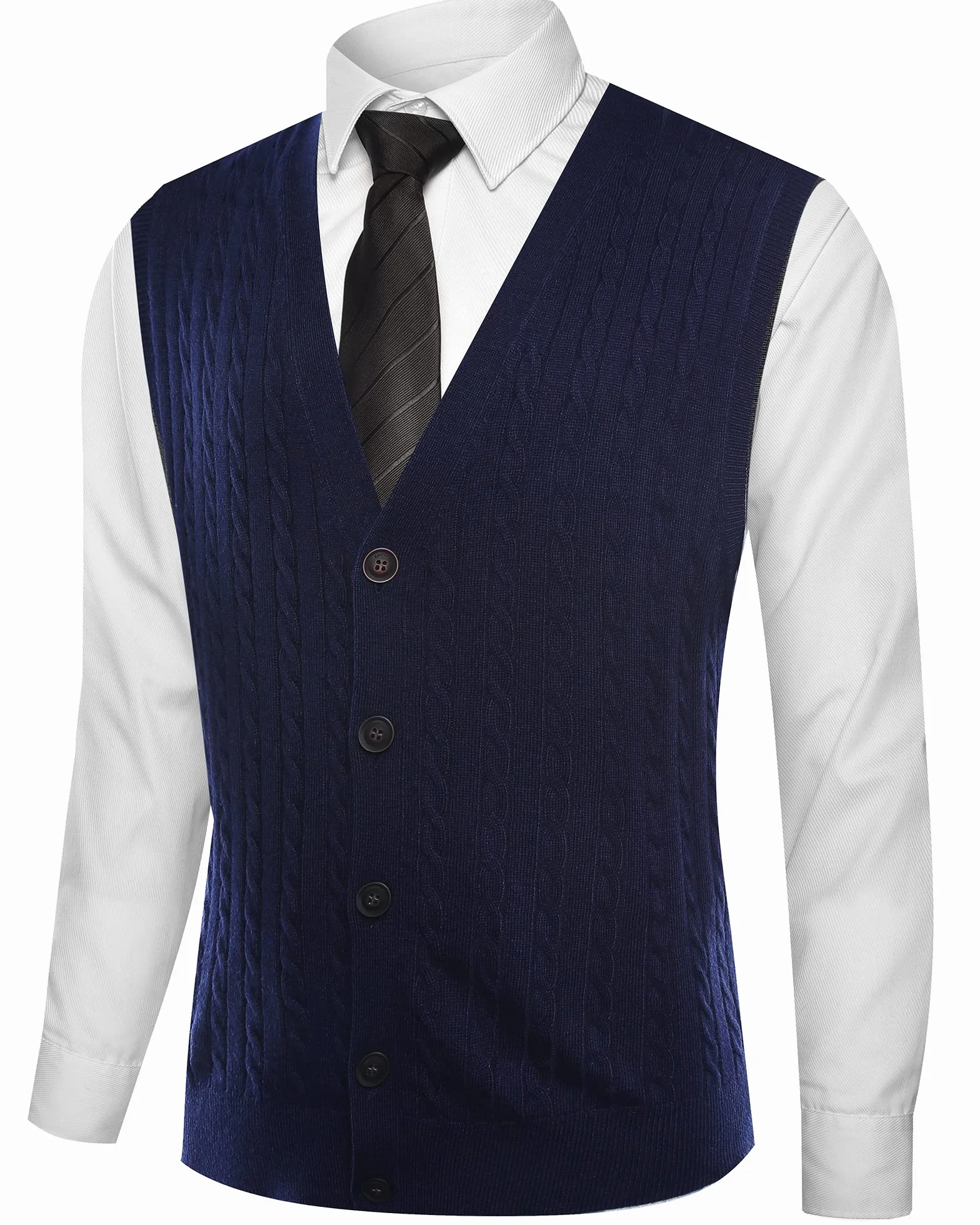 Kallspin Hombres de Lana Blend Chalecos Suéter V Cuello de Punto de Cable sin Mangas de Tejido Tricotado Botón Cardigan