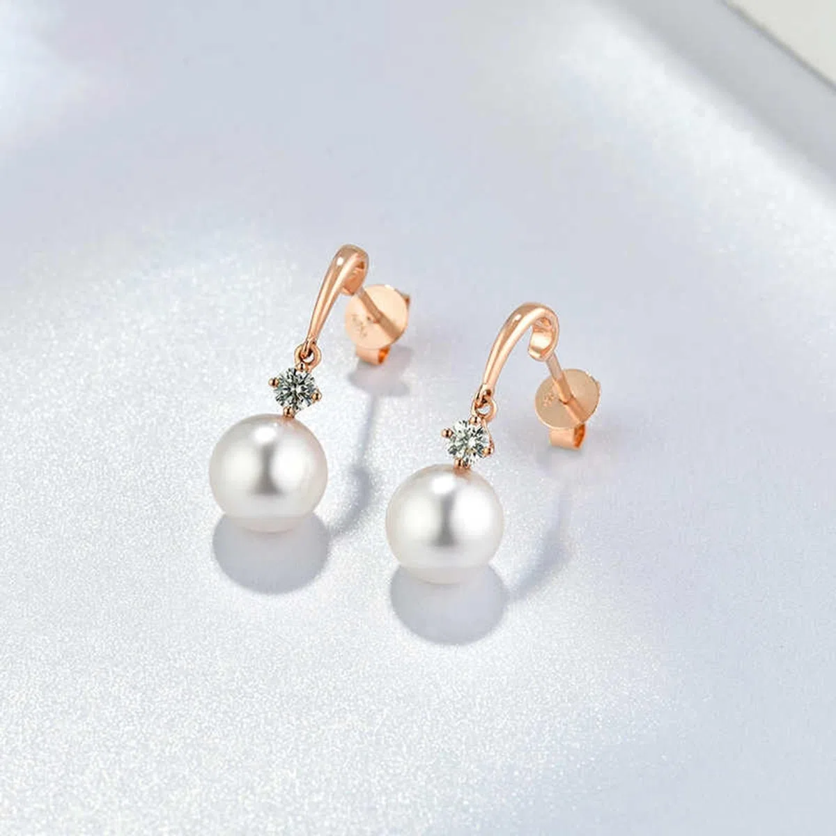 Pendientes de gota de perlas de oro de 9 K/14 K/18 K para mujer, aretes colgantes de perlas de 7,5-8 mm con diamante de oro rosa de 0,16 quilates