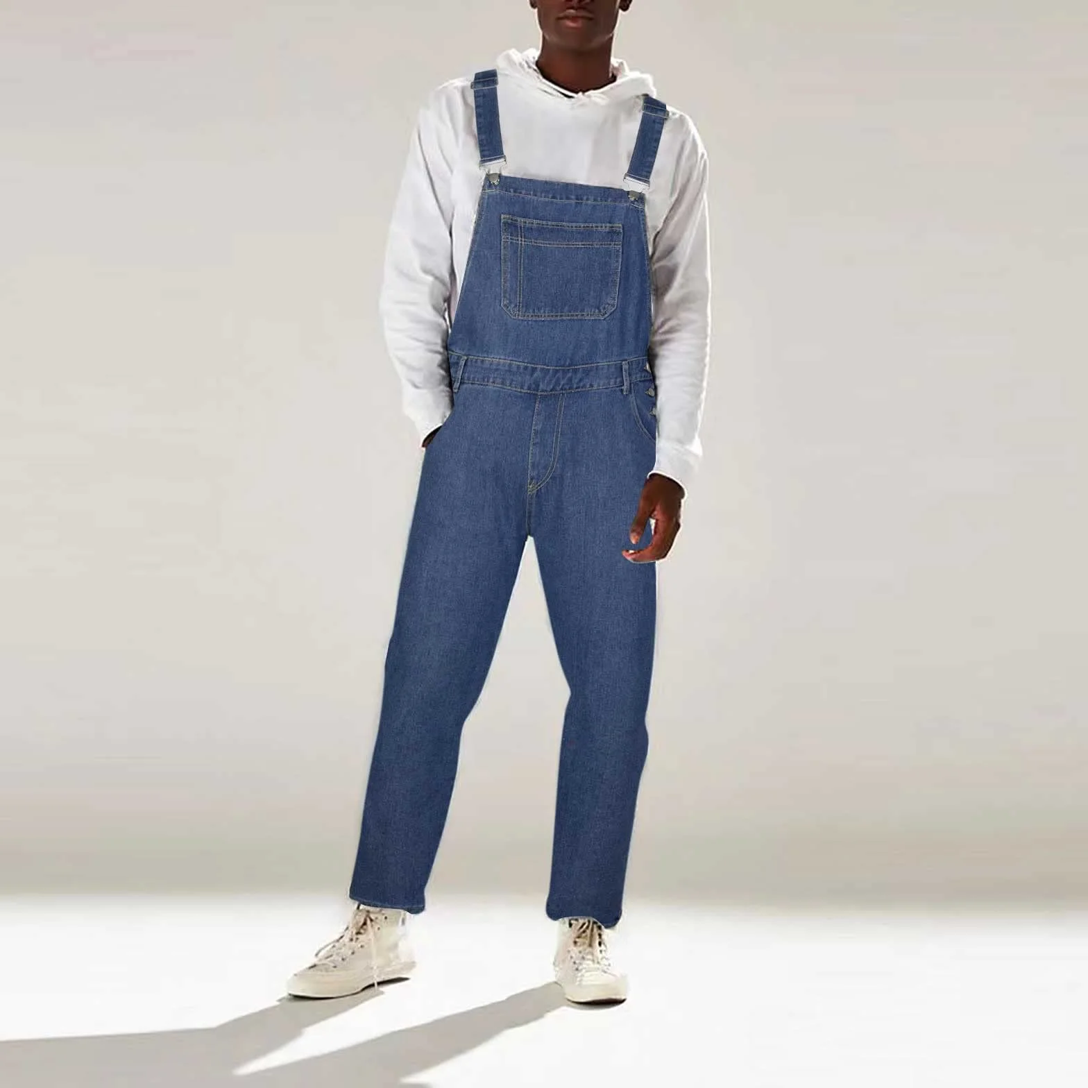 Peto Vaquero Hombre Mono Otoño Casual Pantalones de Mezclilla Retro Denim Jeans Trabajo Bolsillo Clásico Suelto Jumpsuit Overall Largos Inviernos