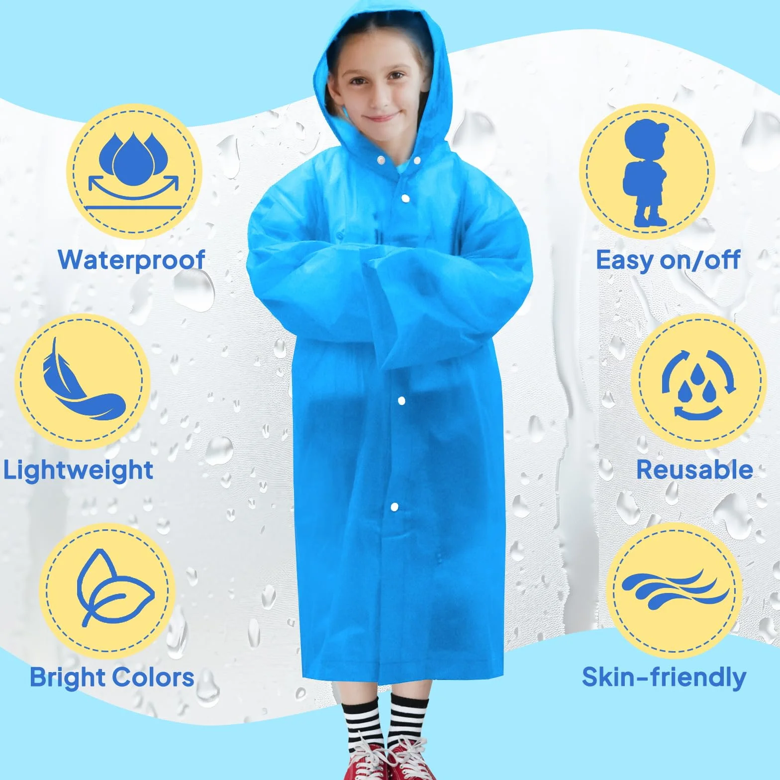 ANYOO Poncho de lluvia para niños con capucha, impermeable, ligero, reutilizable, para niños y niñas, para viajes de al aire libre, 110-150