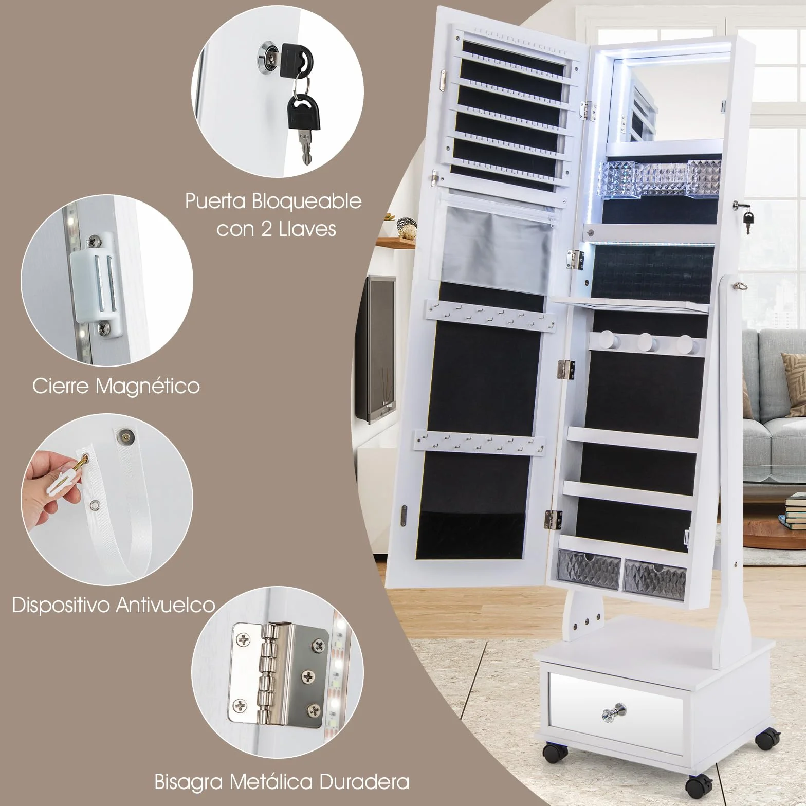 COSTWAY Armario para Joyas, Espejo Joyero de Pie Con Luces LED de 3 Colores, Espejo de Pie Cuerpo Entero con Cerradura, Cajón y 4 ruedas, Almacenamiento de Joyas Con Espejo de Maquillaje (Blanco)