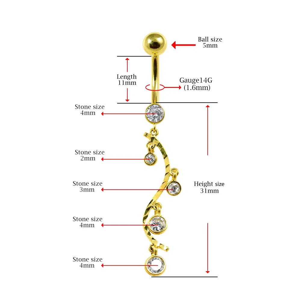Piercing para el ombligo de oro amarillo macizo de 14 quilates con circonita cúbica y rama floral, joyería para el ombligo de 14 quilates, calibre 14, 14 Gauge - 12mm Length, Circonia