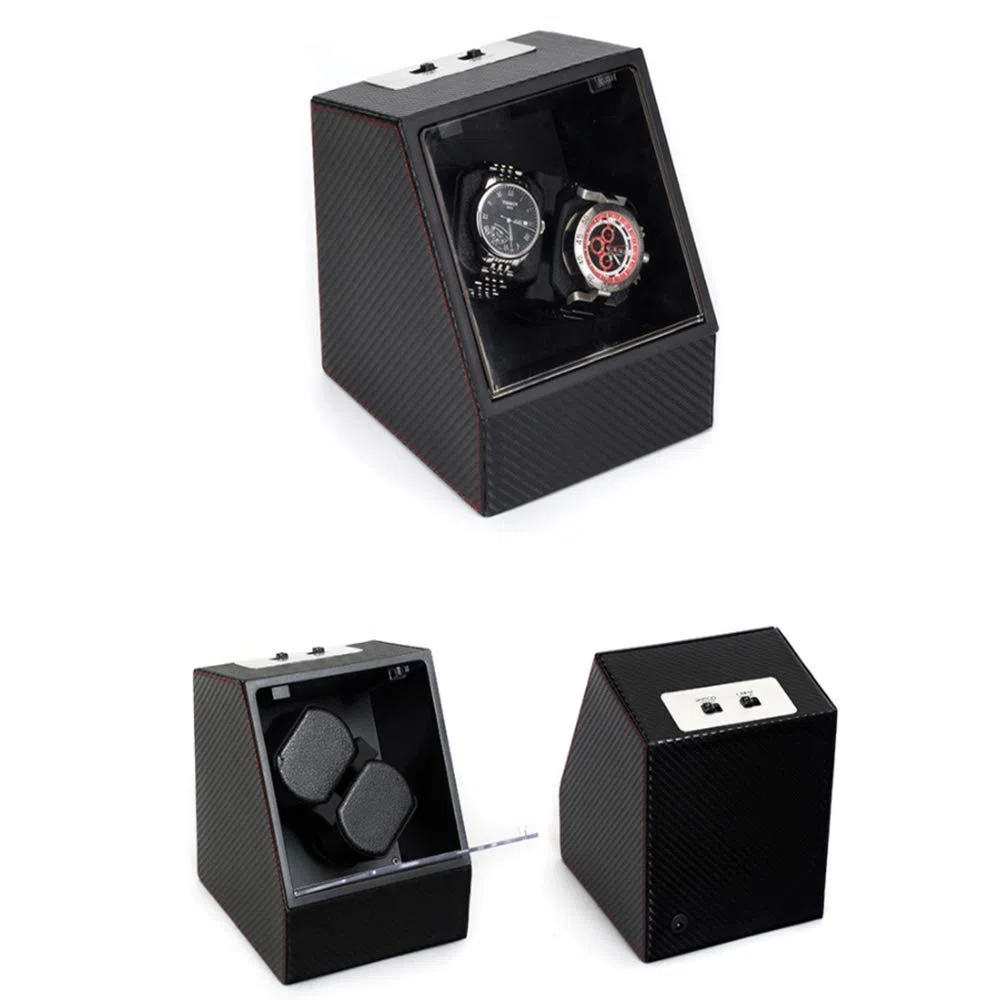 Bobinadora de reloj automática, bobinadora de reloj de rotación automática, cubierta de vidrio transparente, diseño único, caja de bobinadora de reloj, caja agitadora de reloj (marrón) (negro)