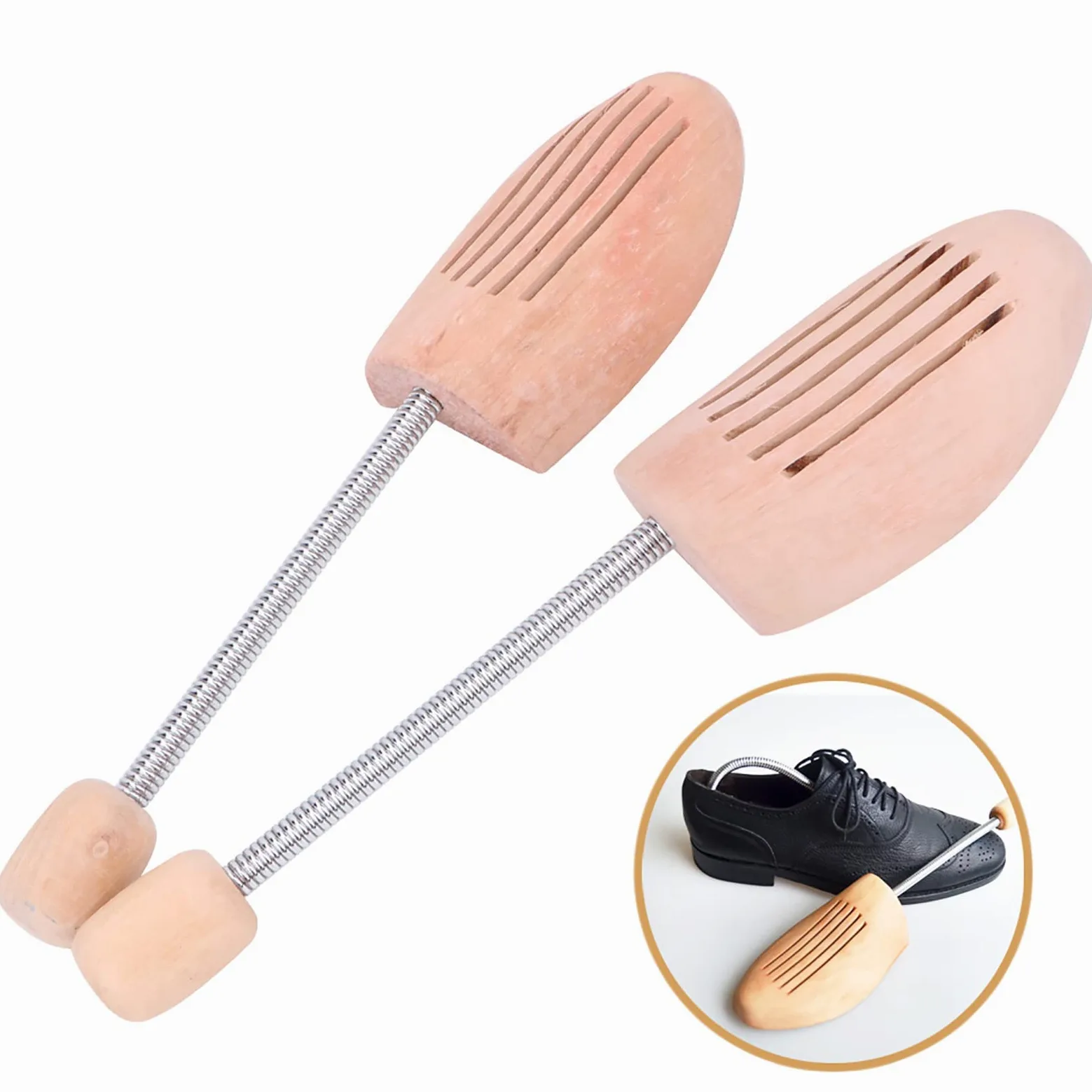 Zapatero de Madera con Columna de Resorte, 2 Unidades de | Material que Absorbe la Humedad, Moldeador de Zapatos Antideformación, Se Pliega para Almacenamiento, Se Adapta a Tallas