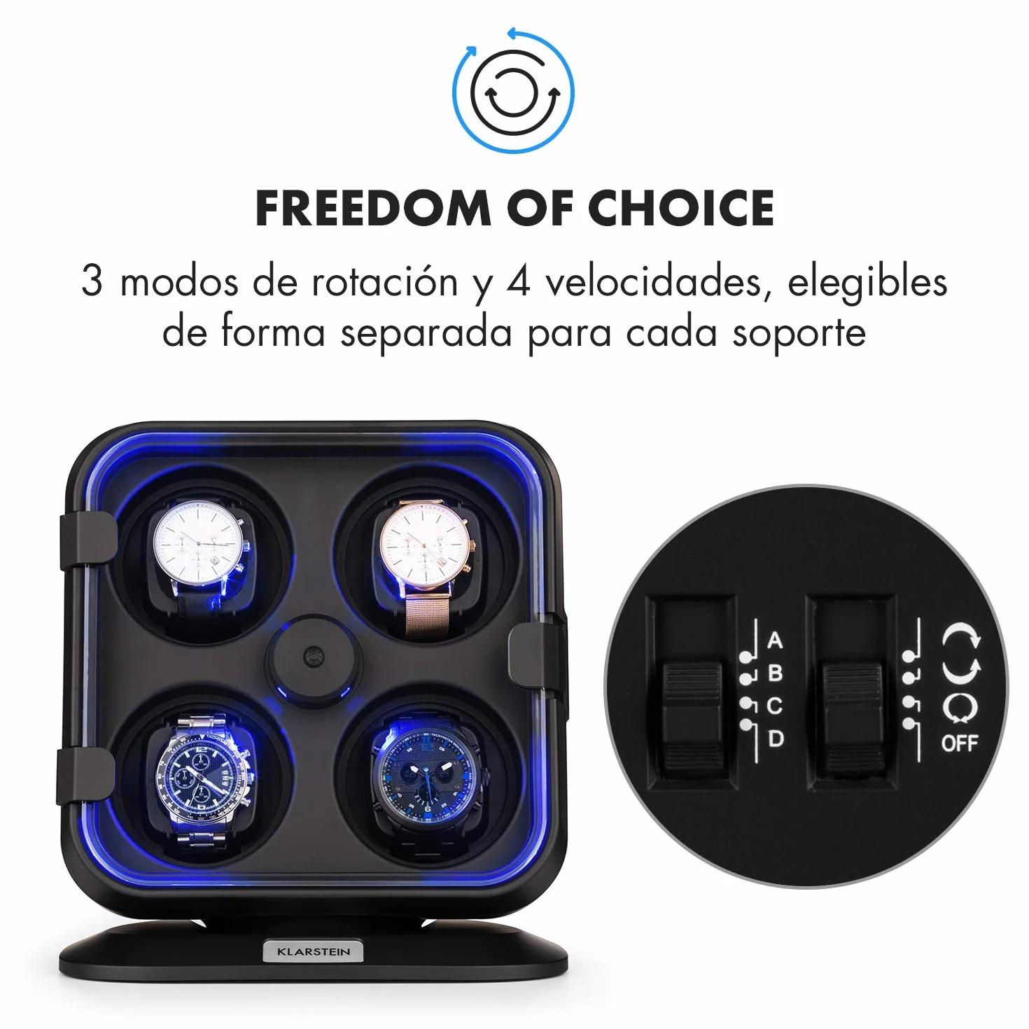 KLARSTEIN Caja Relojes Automáticos, Caja Giratoria Relojes 4 Compartimentos, Cajas para Relojes con Luz, Estuche para Reloj, 3 Velocidades de Rotación, Relojero con Cojines, Watch Winder, Negro