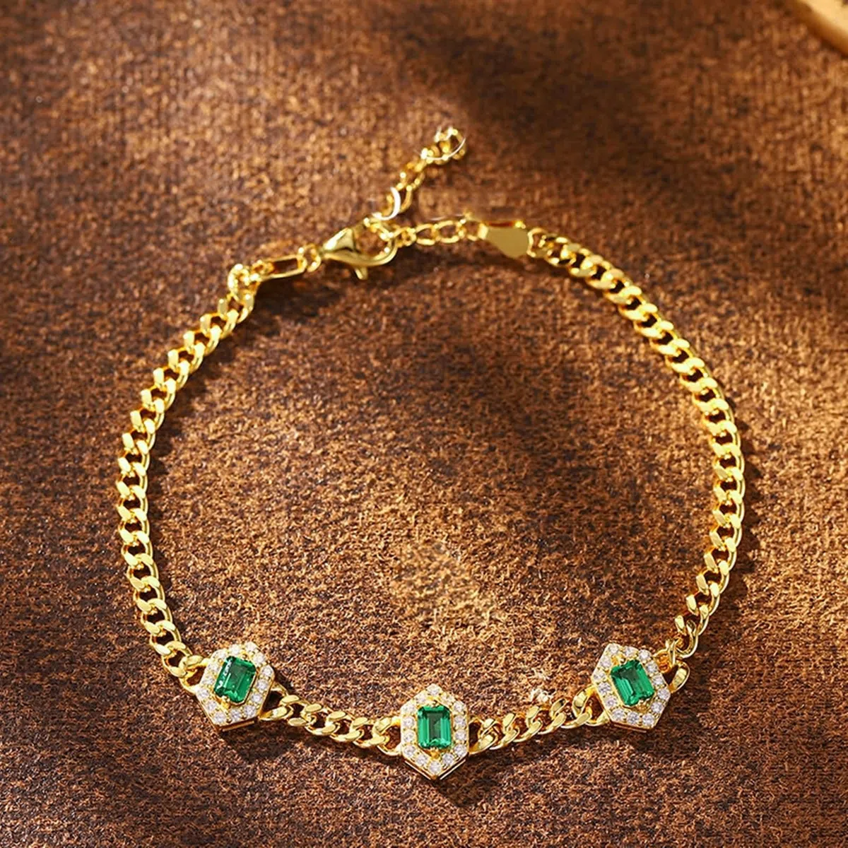 Pulseras de Oro Mujer 9 Kilates / 14 Kilates / 18 Kilates, Rectángulo con Esmeralda Creada de 0,9 ct y Moissanita, Cadena Extensible 16 CM + 5 CM, Pulsera Oro Verde Ajustable Mujer