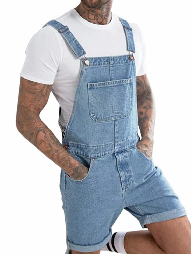 Peto de algodón para hombre, pantalones vaqueros cortos de trabajo, corte holgado, mono vaquero con bolsillos