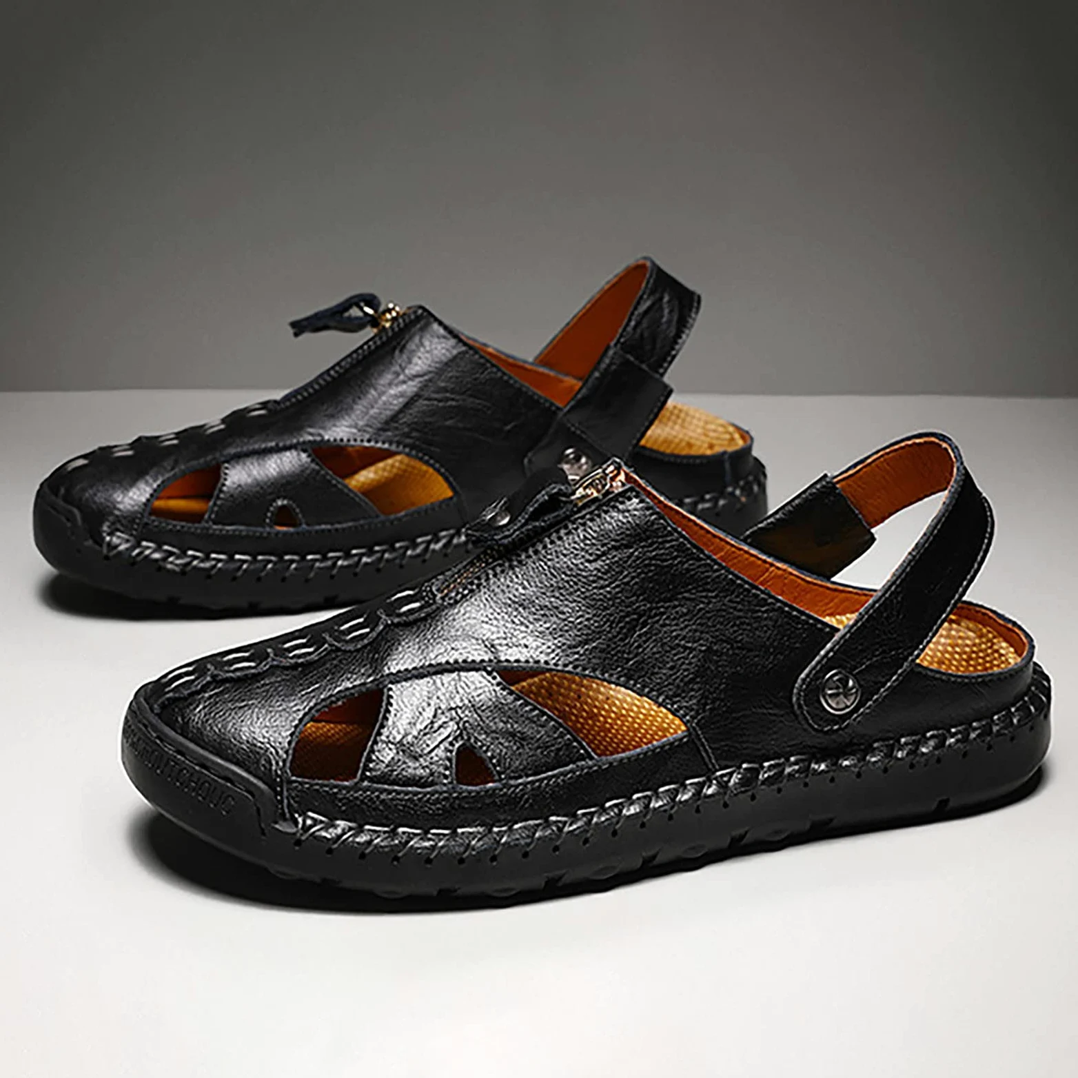 Sandalias Hombre Suela de Goma Cuero con Bandas Ajustables Talla Grande Chanclas Casual Deportivas Transpirable Zapatillas Soporte de Arco Punta Reforzada para Playa Verano Piscina