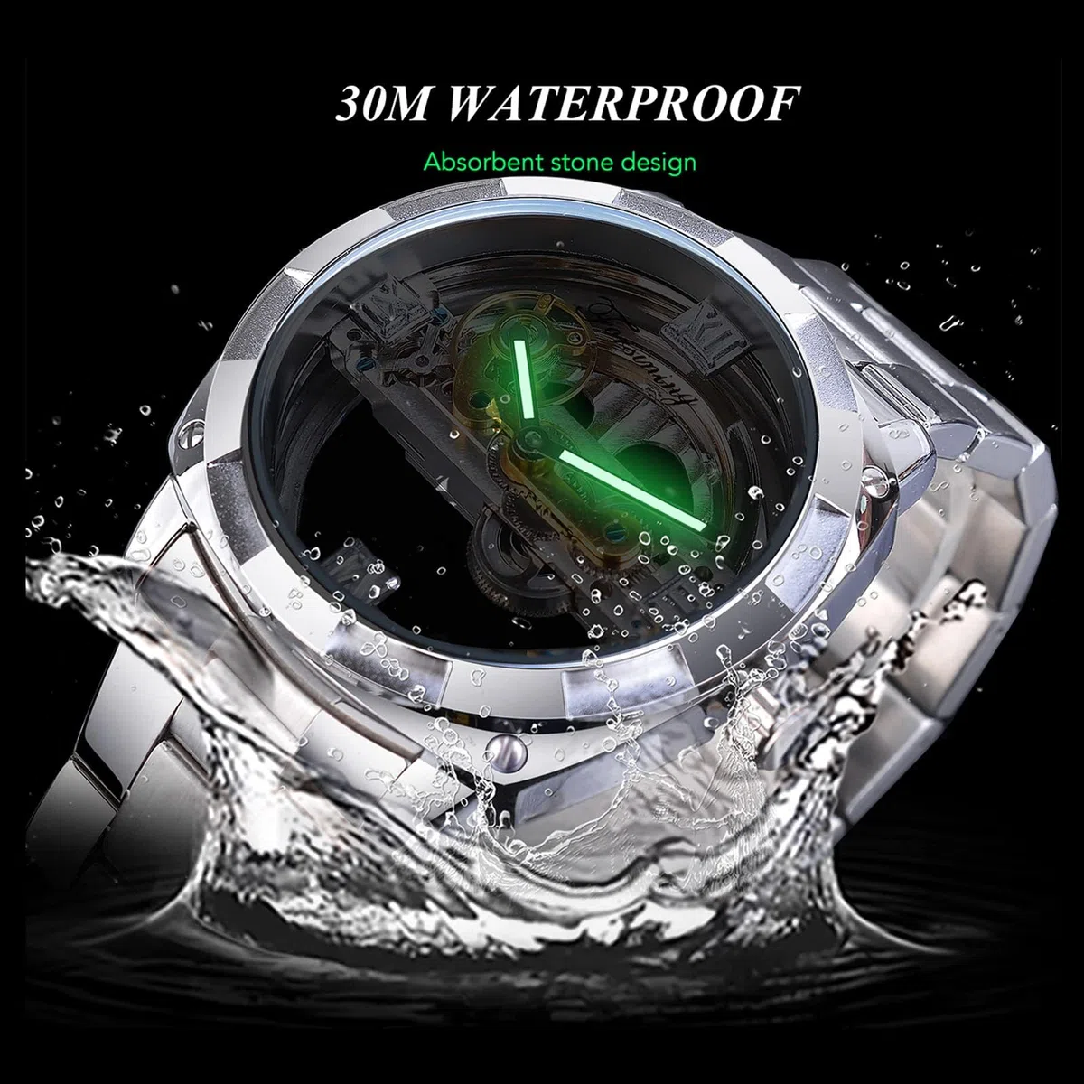 FORSINING Reloj de pulsera para hombre, esfera transparente, automático, clásico, mecánico, acero inoxidable, resistente al agua, dorado, pulsera