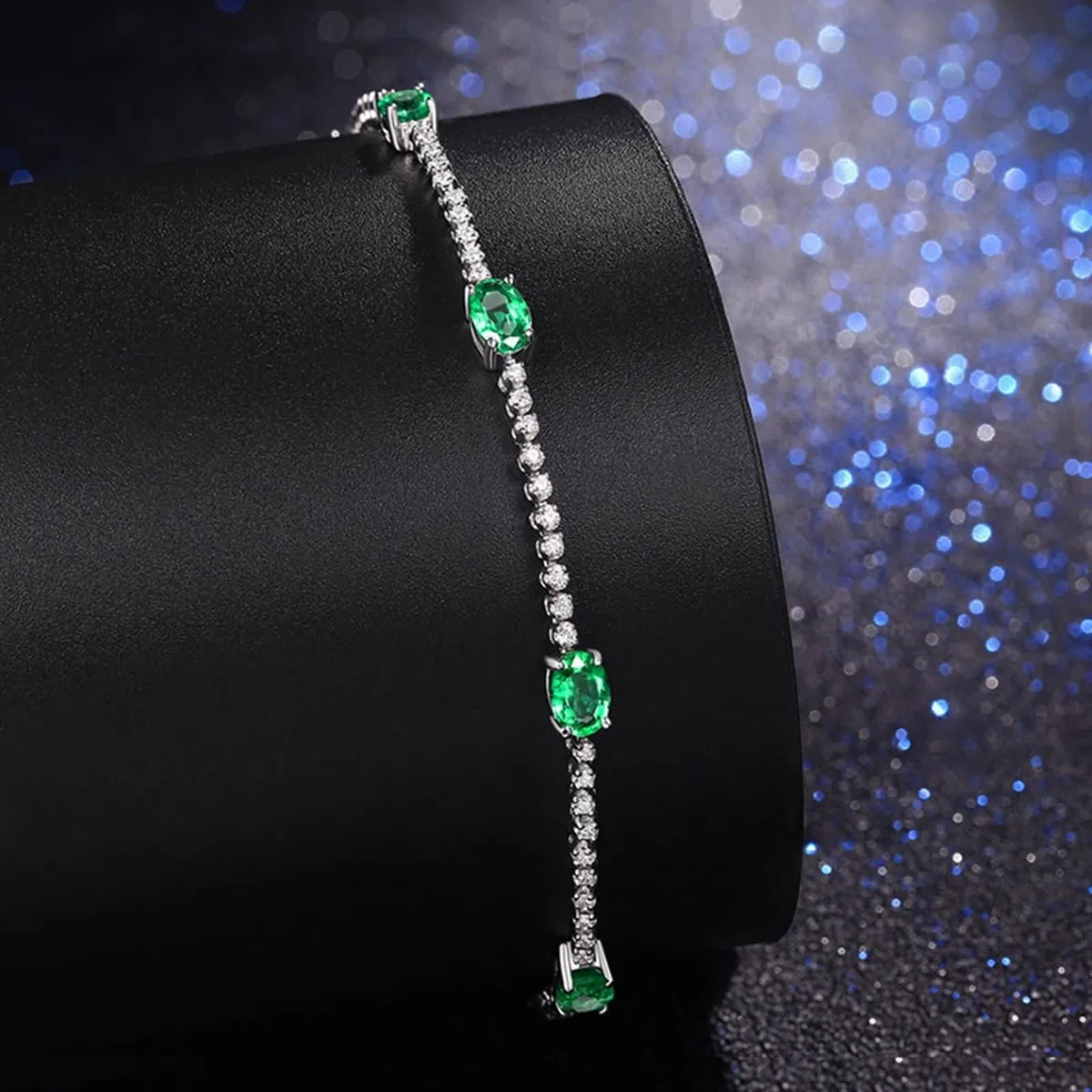Pulsera Mujer de Oro Blanco 9Kilates / 14Kilates / 18Kilates, Oval con Esmeralda y Diamante, Cadena 16 CM, Pulsera para Mujer de Plata Verde