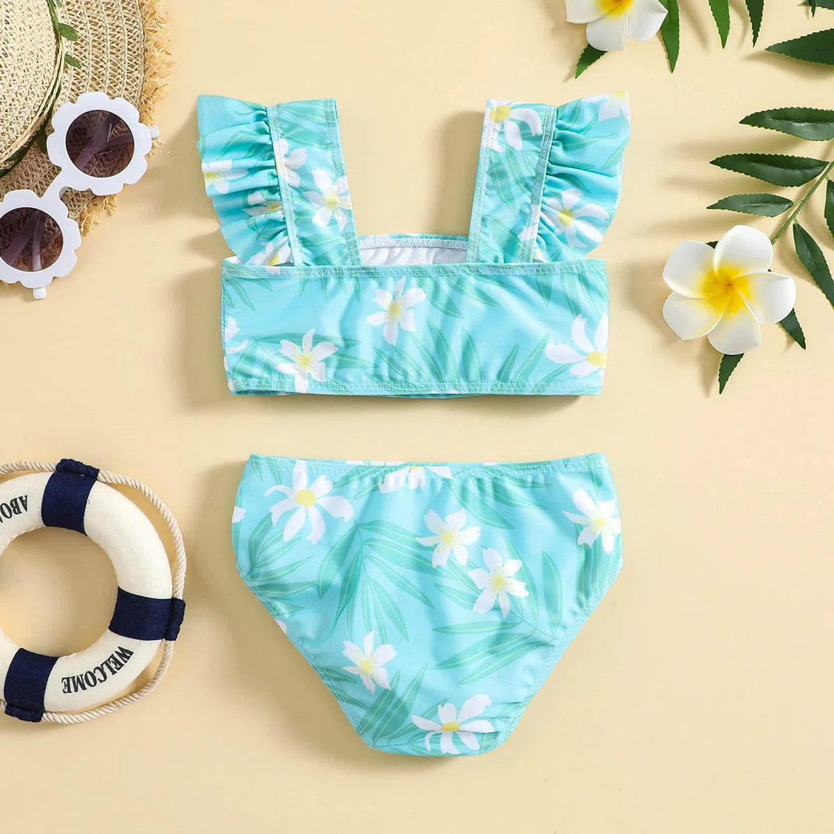 Bañador de triángulo para niña con falda de verano para niñas con estampado floral, volantes, traje de baño de dos piezas