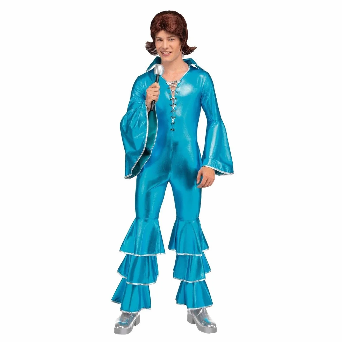 My Other Me Disfraz Disco Hombre Mono Azul Brillante Mangas Pantalones Acampanados Volantes Plateado
