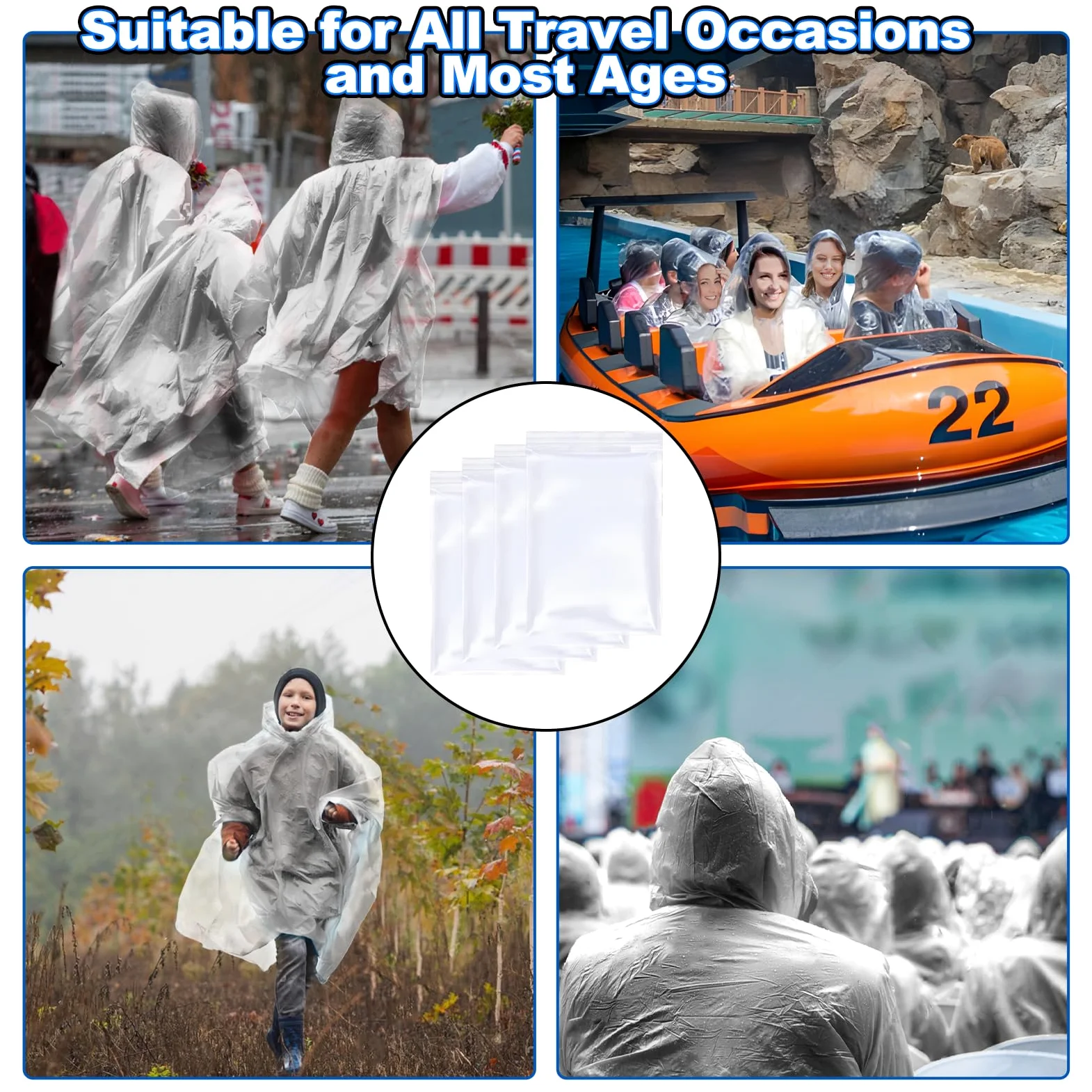Paquete de 108 ponchos de lluvia para adultos con capucha, ponchos de lluvia desechables de plástico para emergencias, poncho para hombres, mujeres, niños, viajes, camping, senderismo,