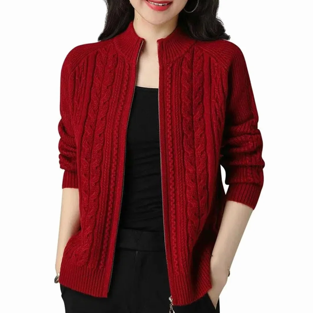 Chaqueta Tipo Cárdigan De Punto con Cremallera y Cuello Alto para Mujer, Manga Larga, Suéter Grueso