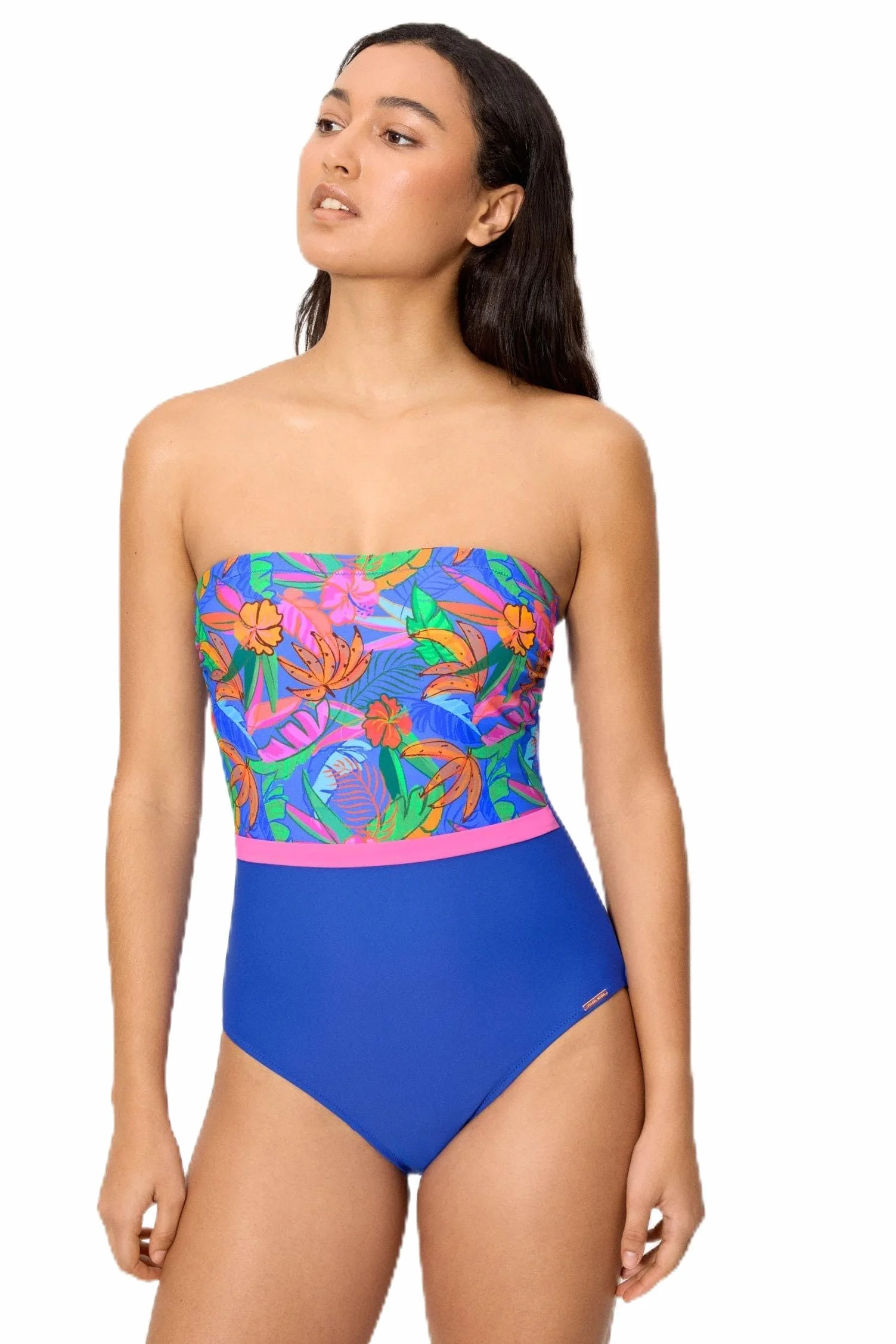 YSABEL MORA Bañador Reductor Bandeau Estampado Tropical Copa B con Compresión Abdomen Sin Aro Relleno Tirantes Desmontables Regulables