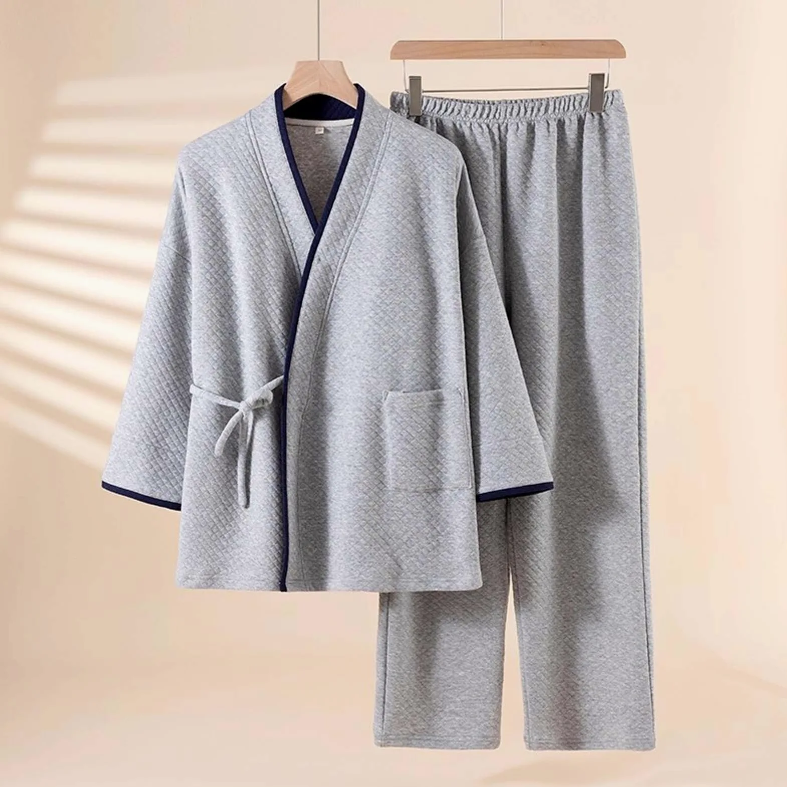 Pijama para hombre con cuello de pico, pijama de dos piezas, kimono japonés, juego de 2 piezas, ajuste holgado, pijama para el tiempo libre, cálido y grueso, ropa de dormir