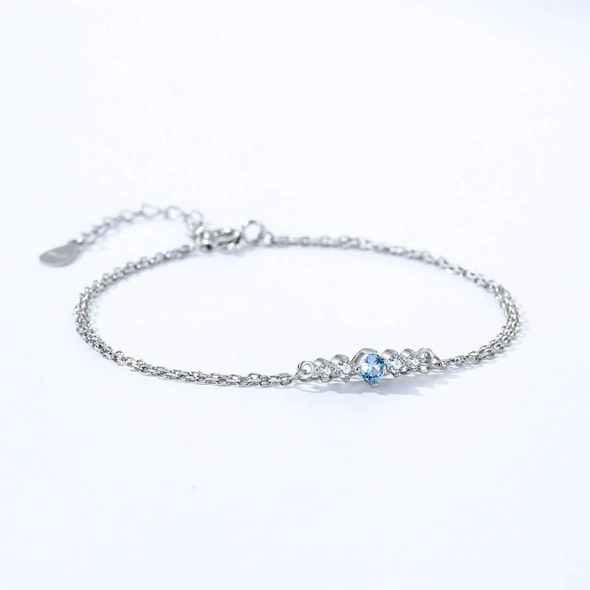 Pulsera Mujer Oro Blanco 9Kilates / 14Kilates / 18Kilates, Cadena Doble Capa con Zafiro Creado de 0,25 ct, Cadena Extensible 16 CM + 5 CM, Pulseras de Mujer de Plata Azul