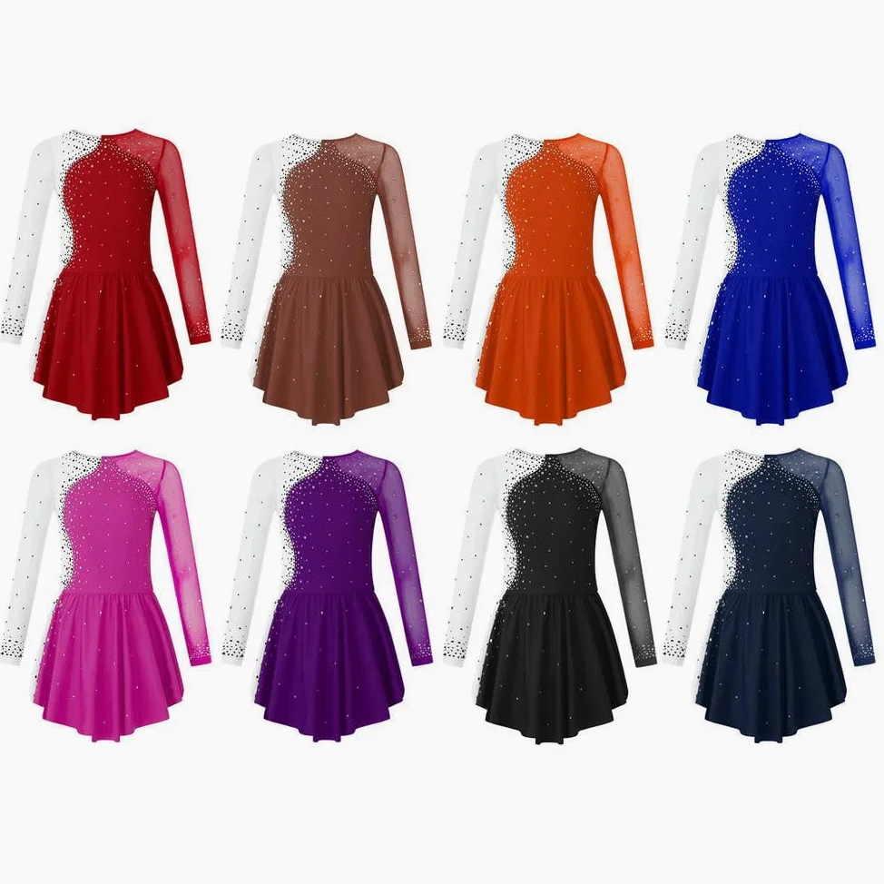 QXDZSW - Vestido de patinaje artístico para niñas, manga larga, con diamantes de imitación, vestido de gimnasia, leotardo, ballet, danza, actuación