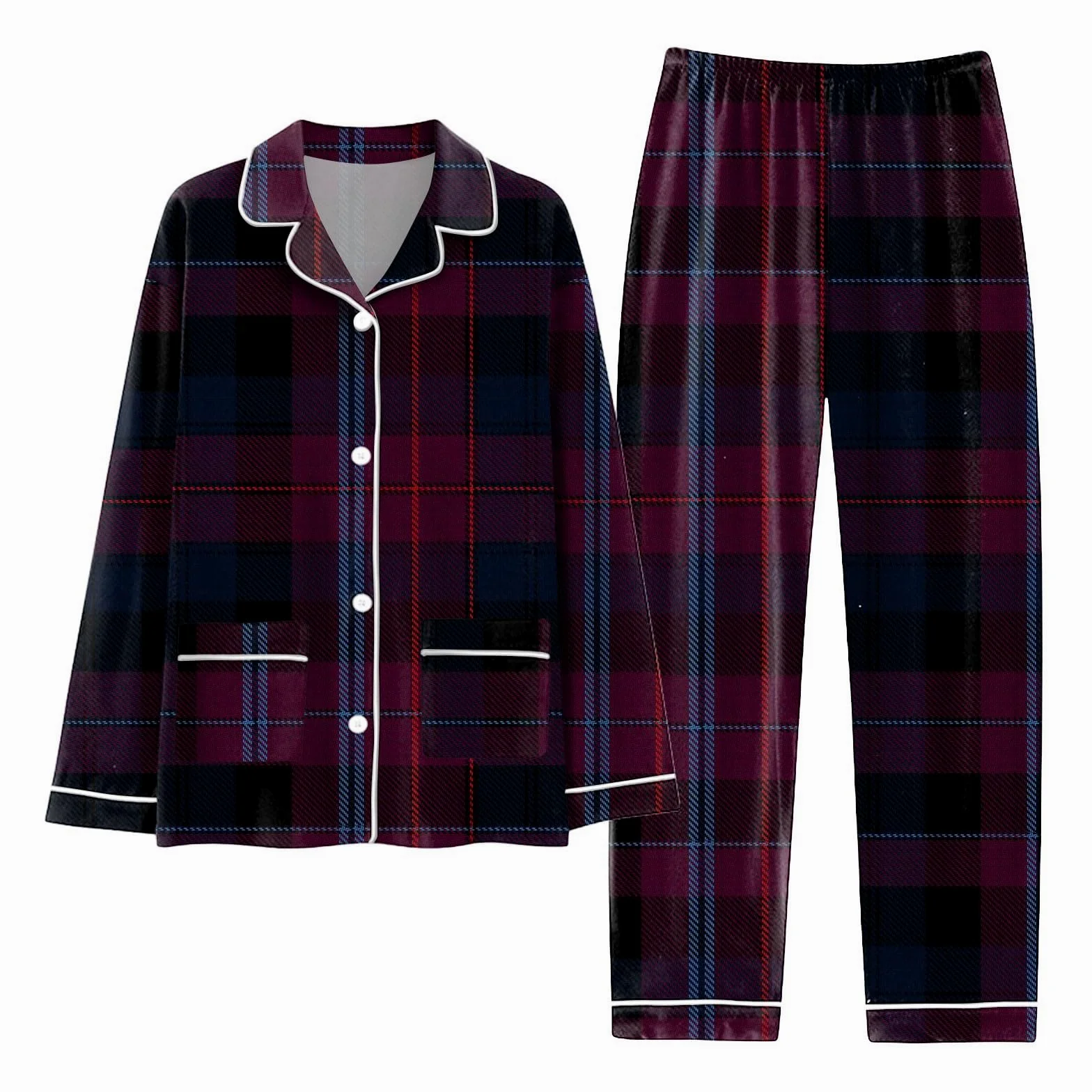 Generisch Pijama largo de invierno para hombre, conjunto de 2 piezas, ropa de dormir básica, pijamas y pantalones, tira de botones, juego de pijama de dos piezas