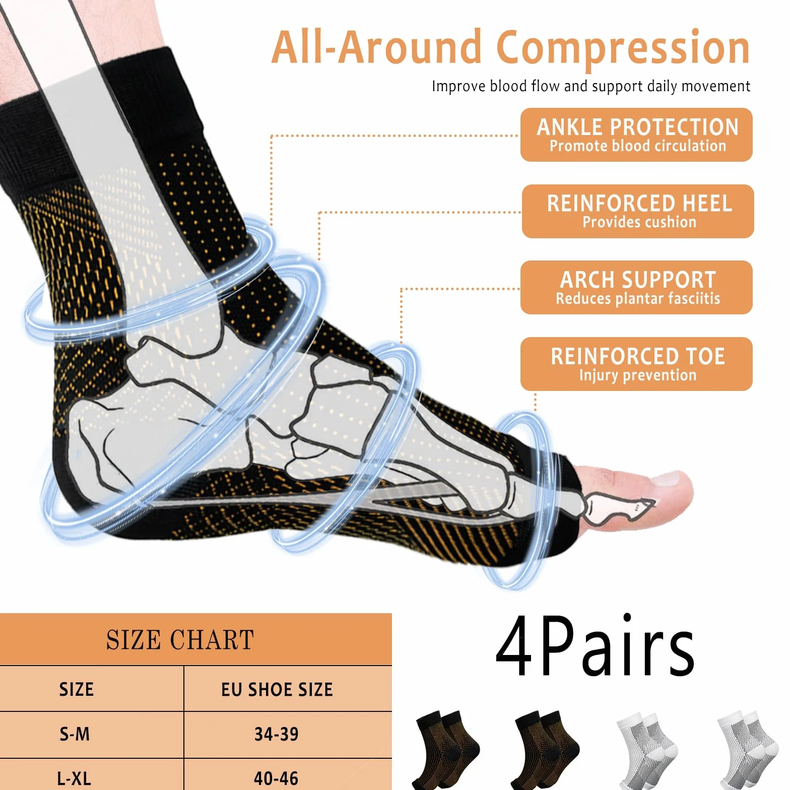 Calcetines de Compresión Ortopédicos para Hombre y Mujer, Soporte Tobillo Elástico, Fascitis Plantar