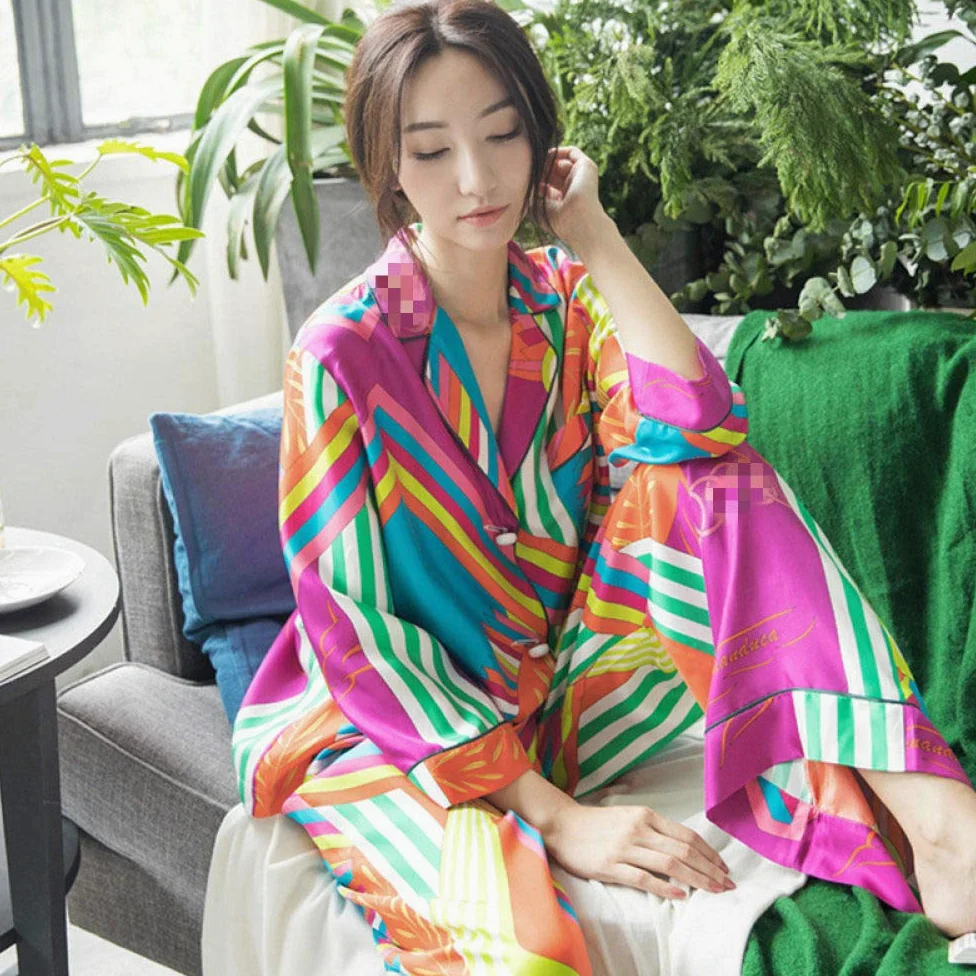 YUHOOE Pijamas De Mujer,Pijamas De Satén Sexy Pijamas De Seda Ropa De Dormir Suelta para Mujer Cárdigan De Talla Grande Mangas Largas Pantalones Largos Ropa De Dormir Ropa De Hogar,Colorido,M