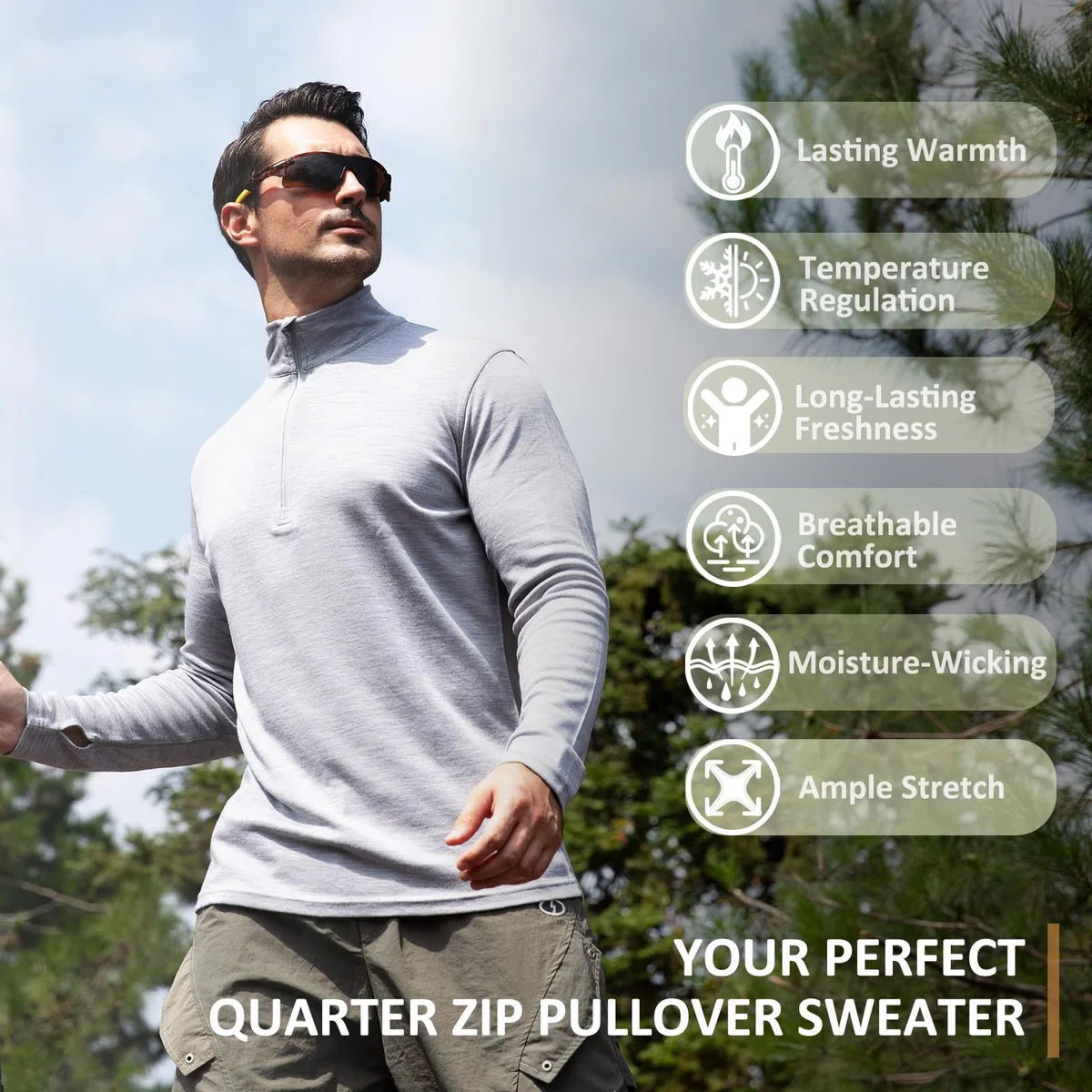 Merino Protect Camiseta Lana Merino Hombre Hombre Suave Jersey con Base Capa Manga Larga de Jersey Senderismo Caza
