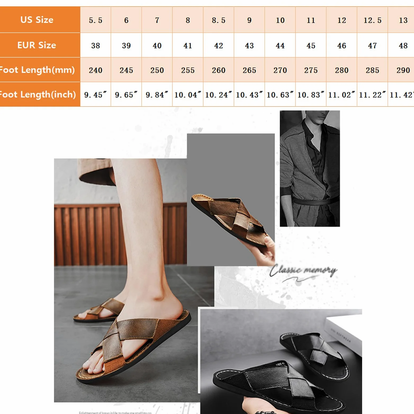 Sandalias de piel auténtica para hombre, cómodas, ligeras, abiertas, redondas, sin cordones, para exteriores, caminar, sandalias casuales de playa, Negro, 46 EU
