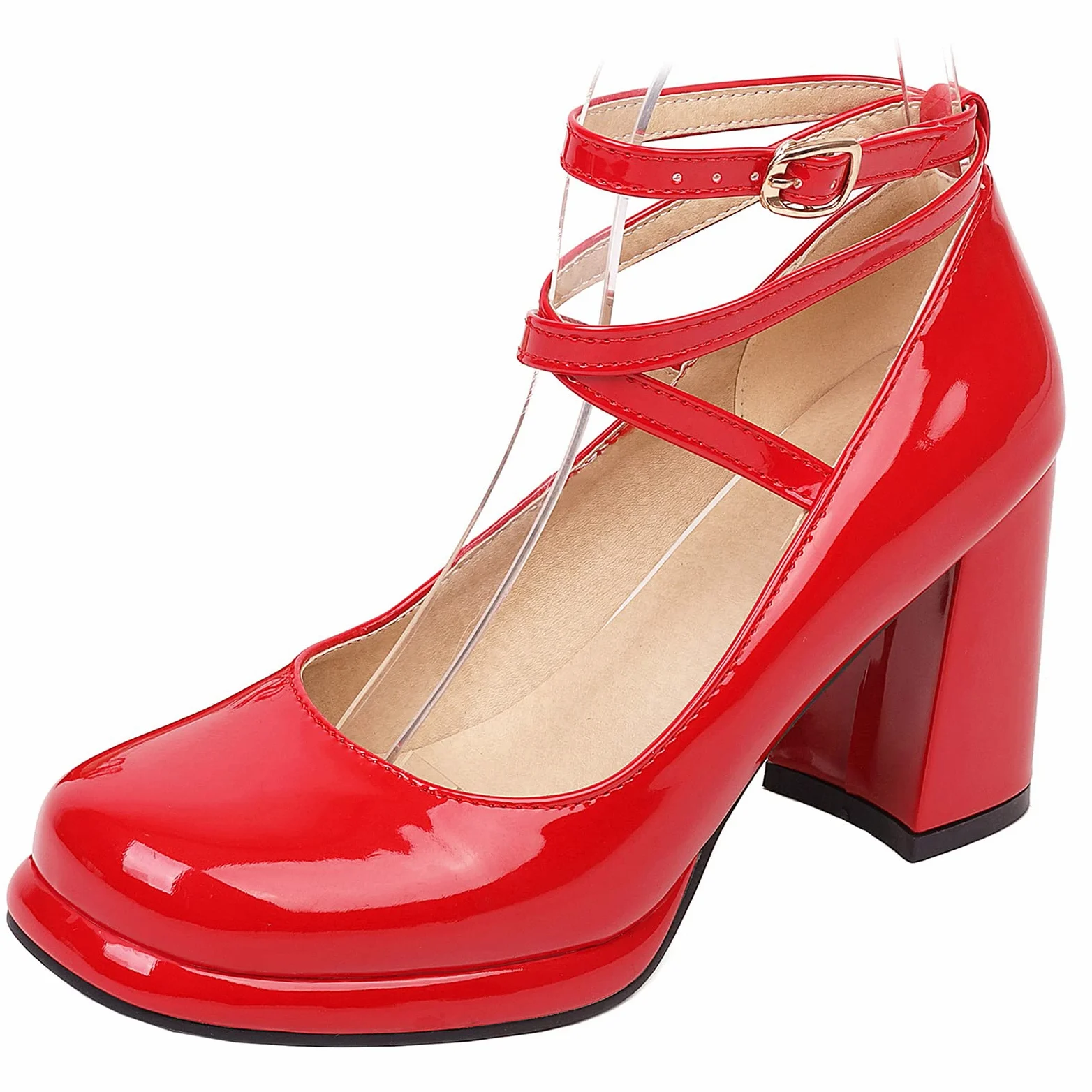 Lizoleor Zapatos Merceditas Mujer Tacon Ancho Punta Redonda Correa Tobillo Charol