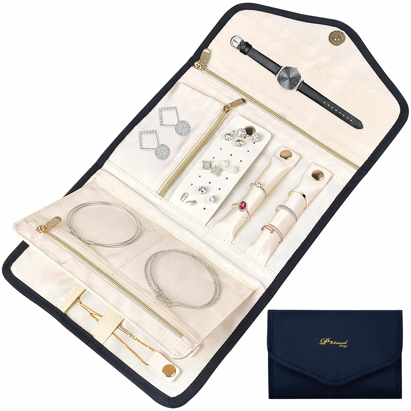 Bolsa de rodillos de joyería para viaje, plegable, bolsa de almacenamiento para joyas, organizador para almacenamiento de pulsera, collar