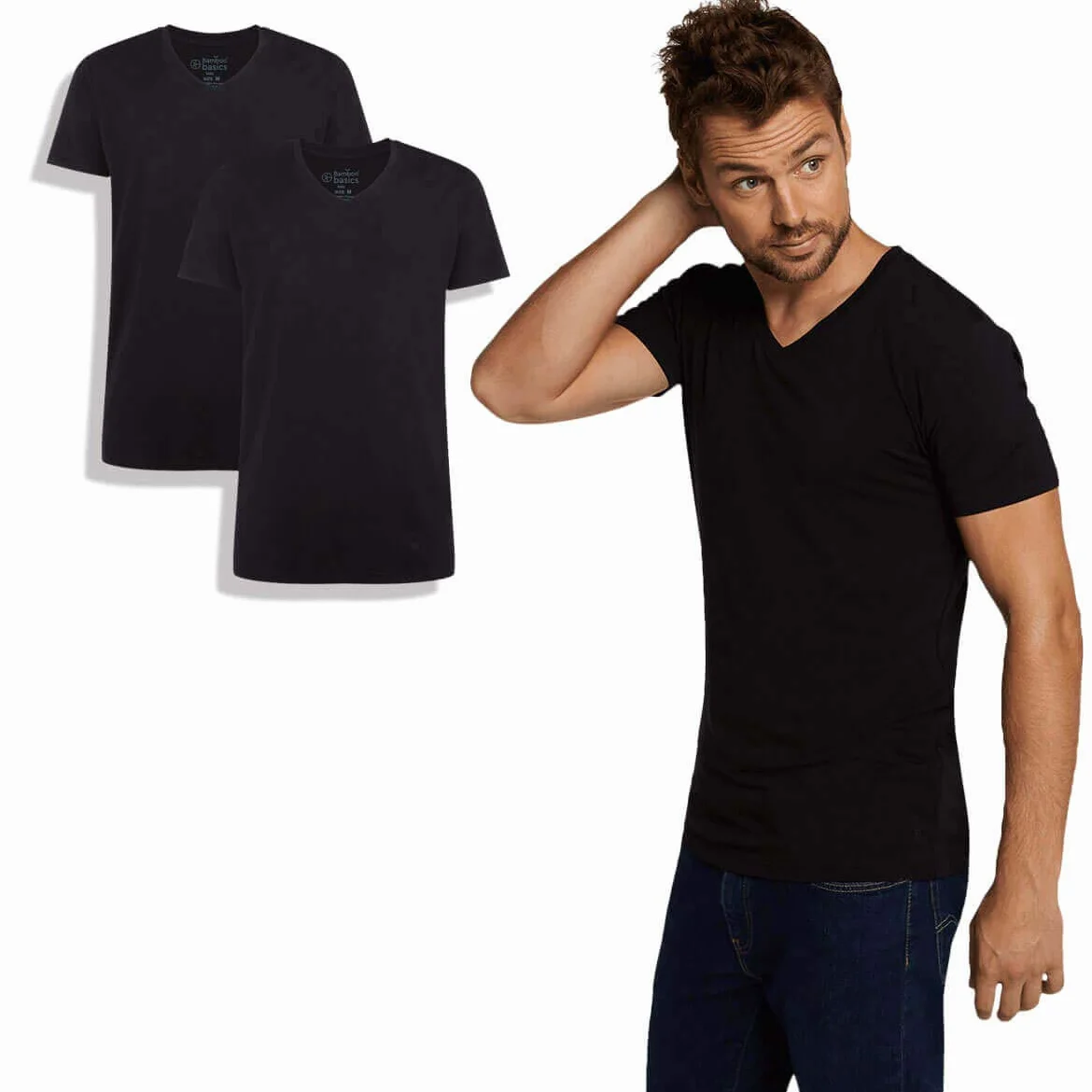 Bamboo Basics - Camiseta de bambú para hombre - Velo - Cuello de pico - Pack de 2 - Extra suave y transpirable - Blanco - S-XXL