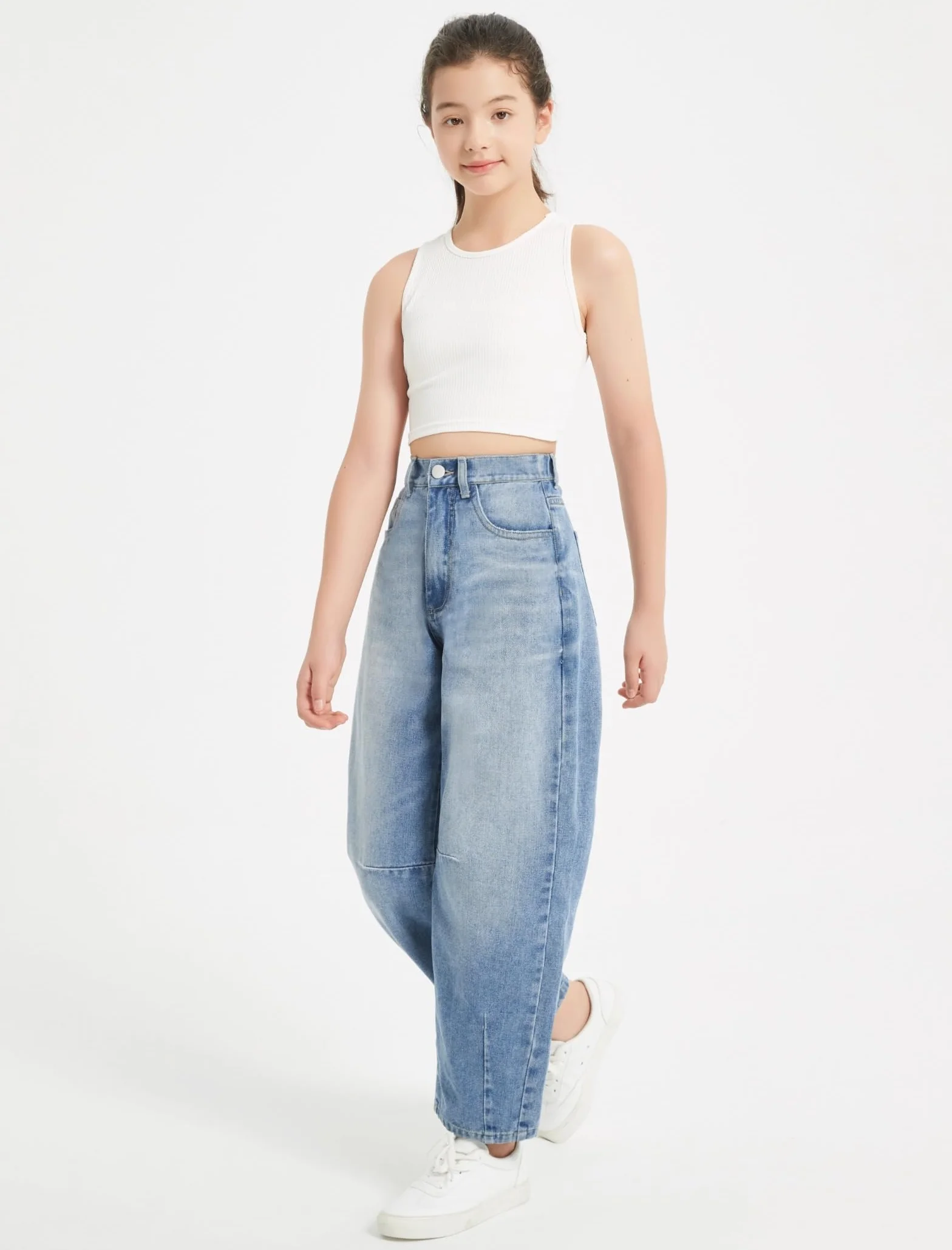 EXARUS Jeans de pierna ancha para niñas, holgados, hasta el tobillo, cintura media, banda elástica con bolsillos, para niños de 6 a 14 años