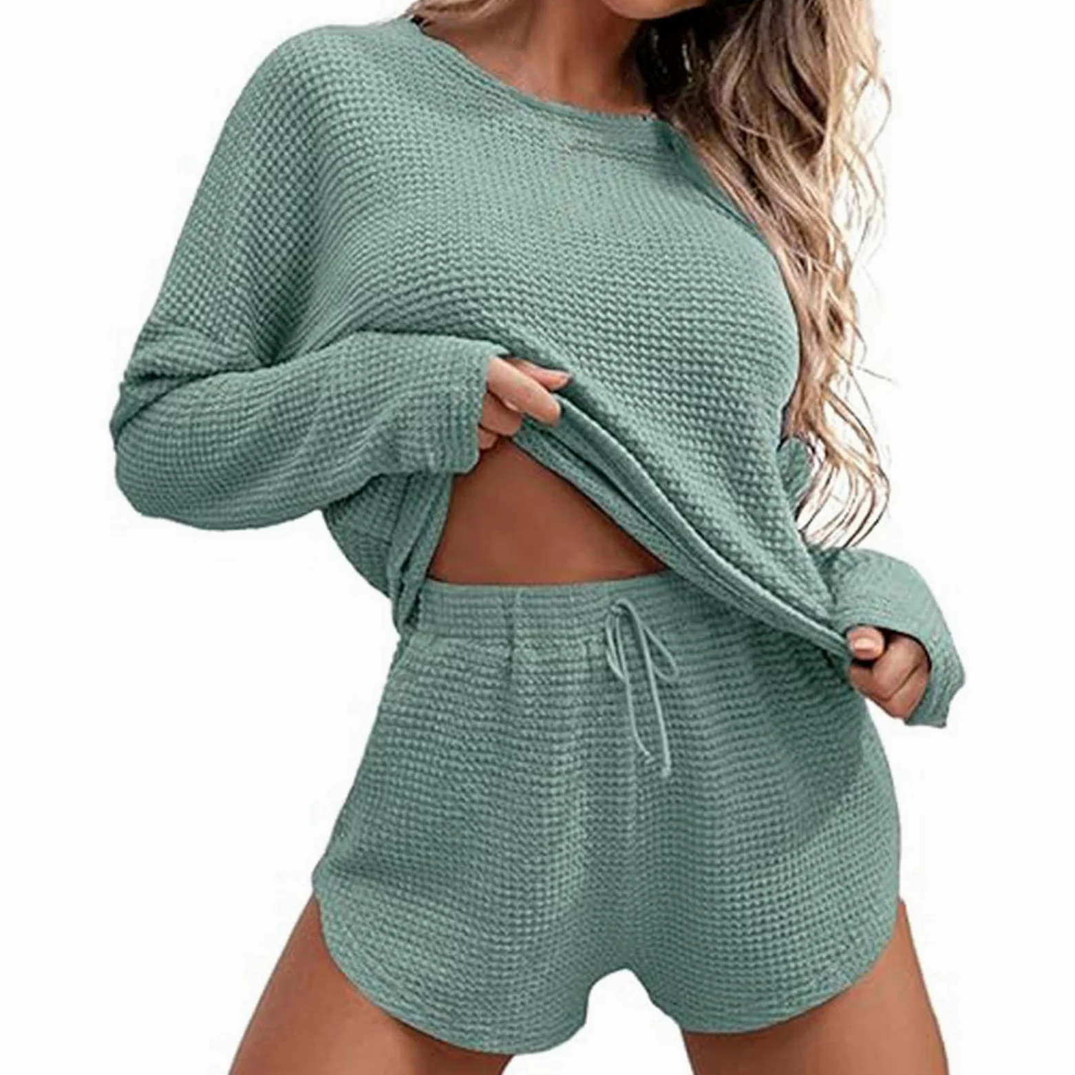 Generisch Conjunto de pijama de punto para mujer, manga larga, top y pantalones cortos, conjunto de ropa de salón con bolsillos, ropa de noche