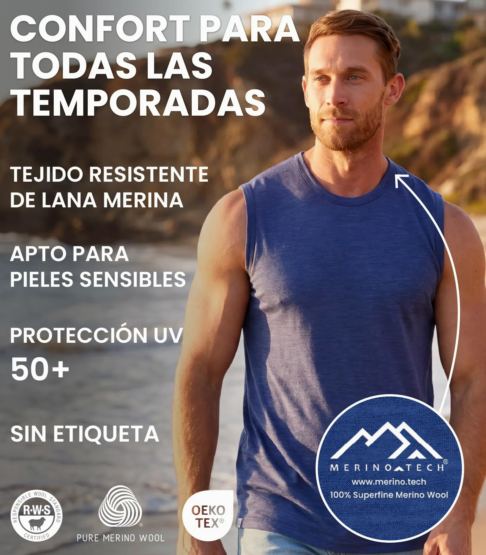 Merino.tech Camiseta Sin Mangas Merino Activa - 100% Lana Merino | Absorbe la humedad, altamente transpirable, de secado rápido, suave y ligera