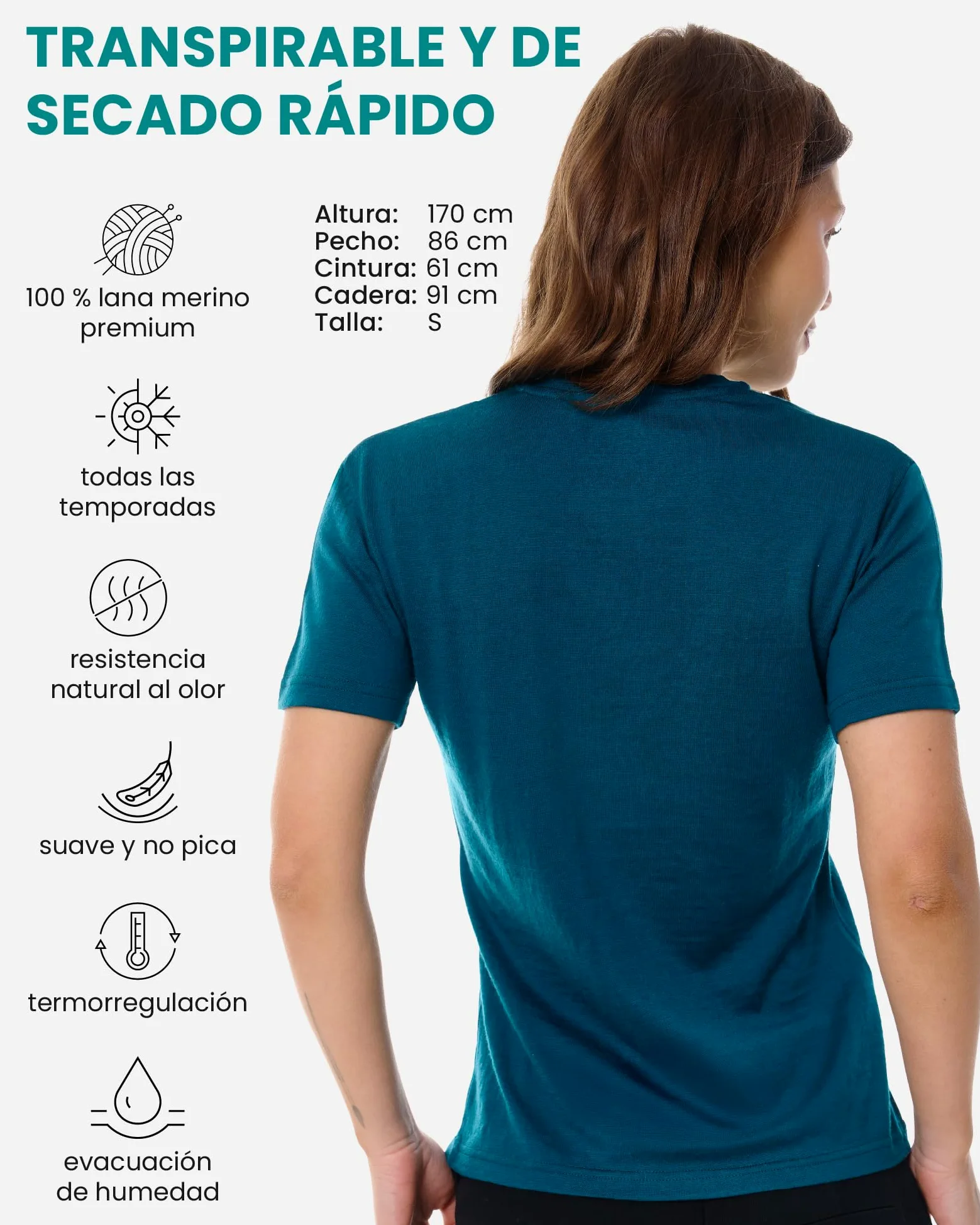 Merino.tech Camiseta Termica Lana Merino Mujer - Ropa Interior Base Layer 100% Lana Merino para Mujer (Small, Dark Teal Crewneck)