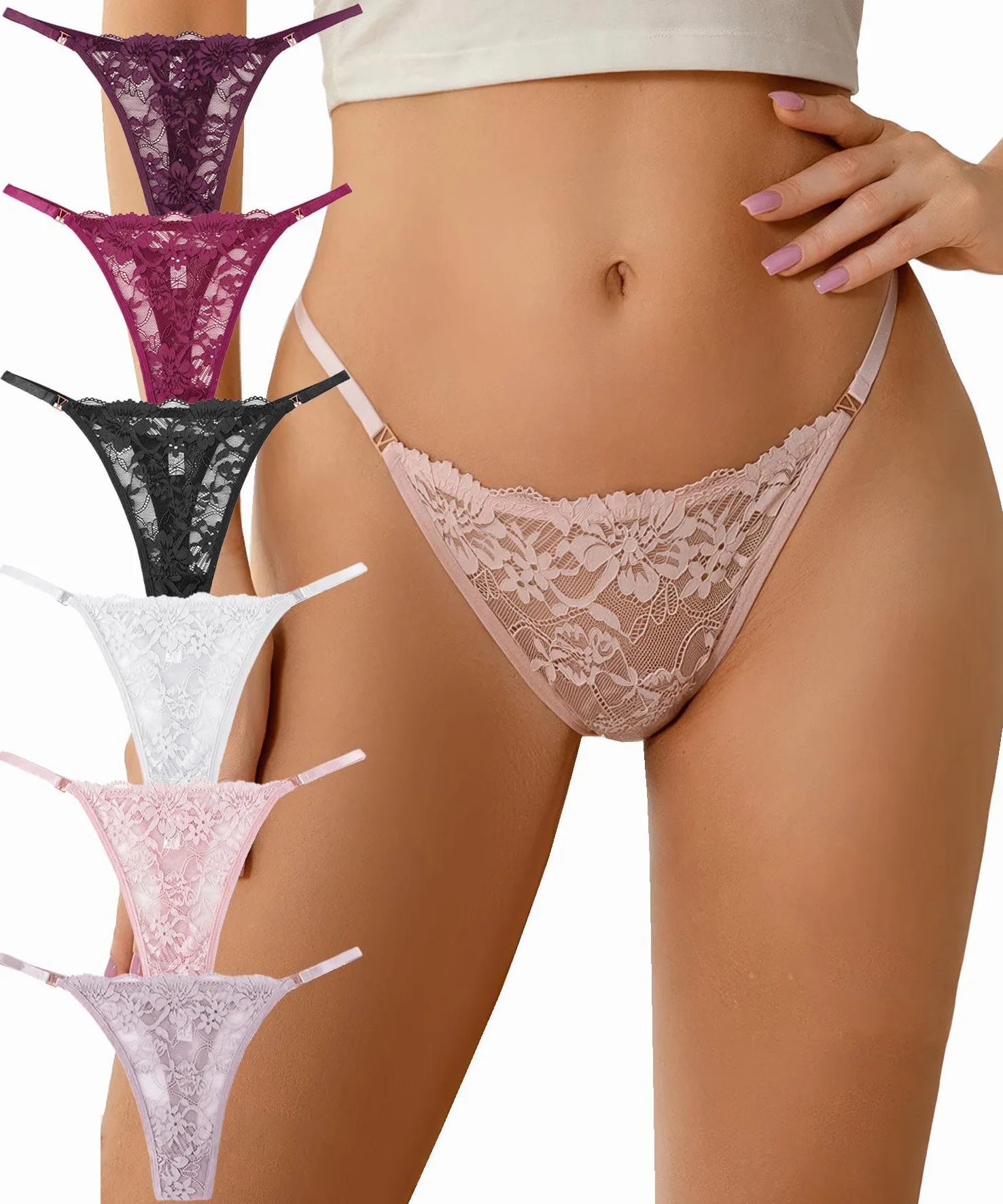 Tangas de hilo G para mujer, ropa interior de encaje transparente, tangas atrevidas de talle bajo con espalda en T, paquete de 6