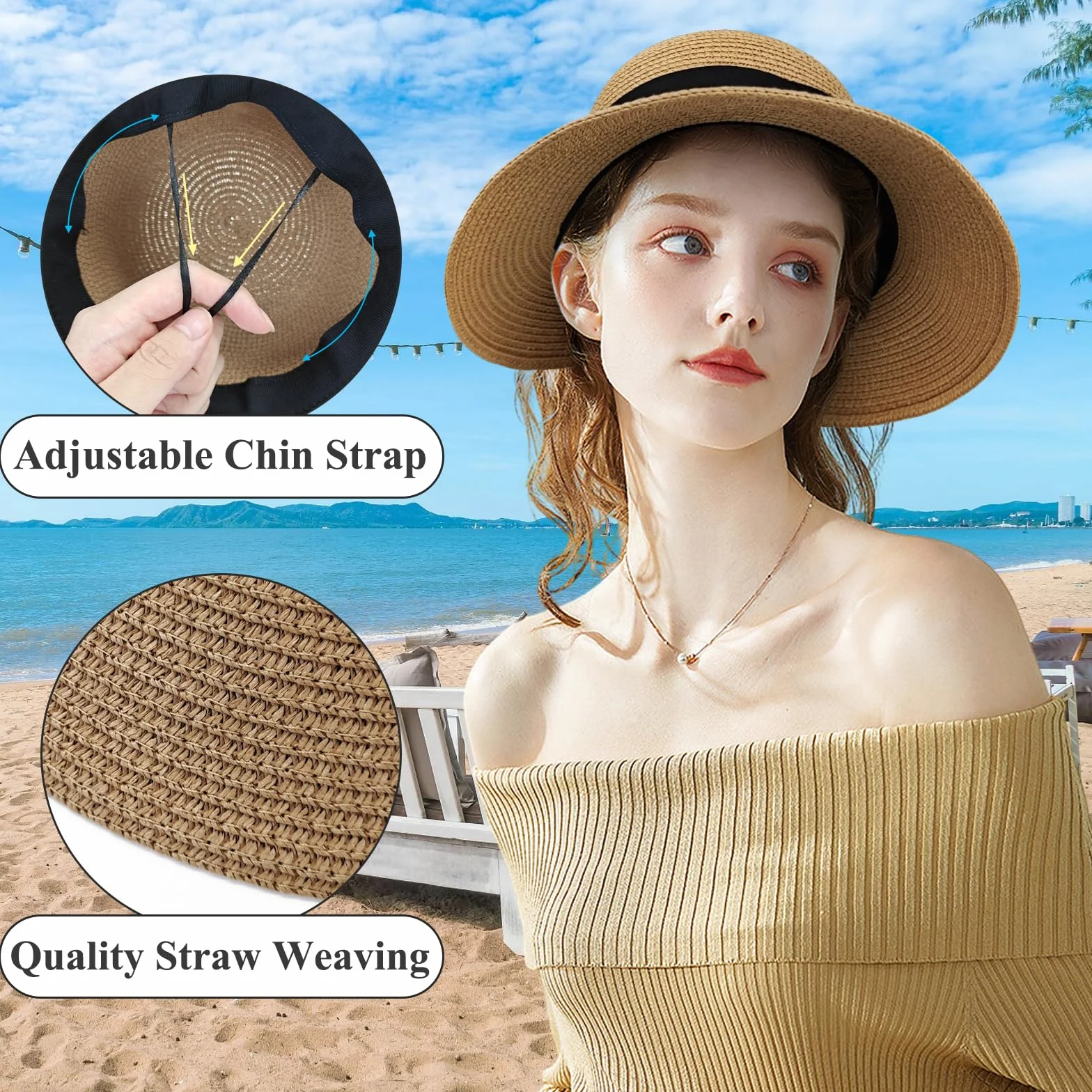 Sombrero de paja para mujer con protección UV y ala ancha transpirable plegable para playa
