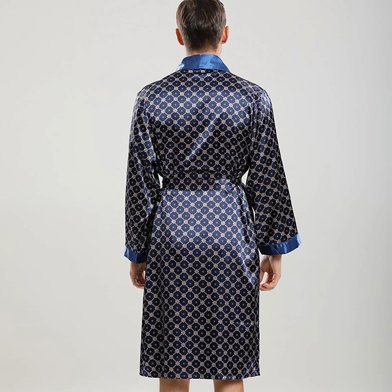 Traje de Dos Piezas de camisón de Seda de Manga Larga para Hombre de Primavera y Verano
