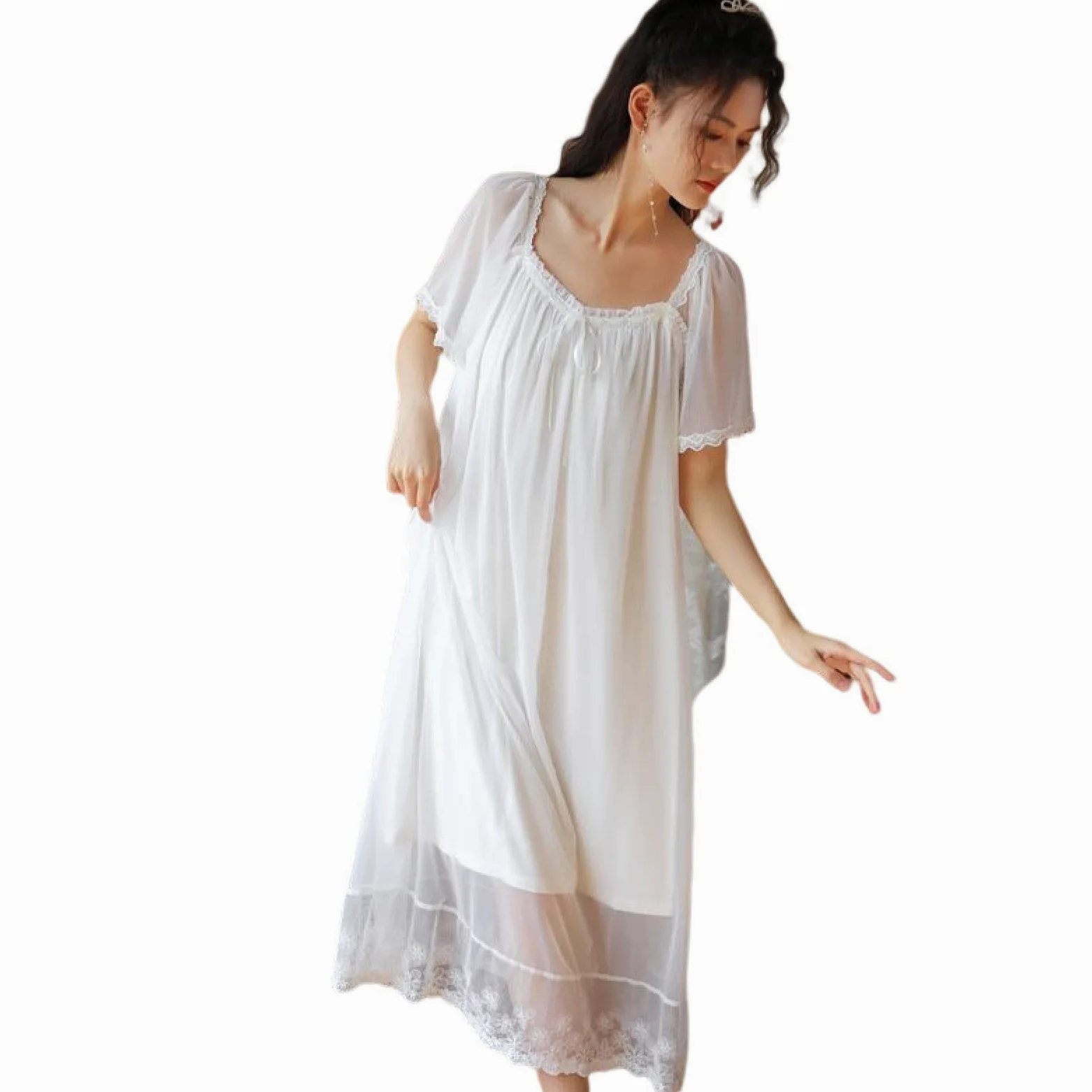 OFFSUM Camisón De Pijama De Mujer - Verano Estilo Princesa Cuello Cuadrado Camisón Encaje Malla Bowknot Manga Corta Camisón Elegante Casual Loungewear Vestido