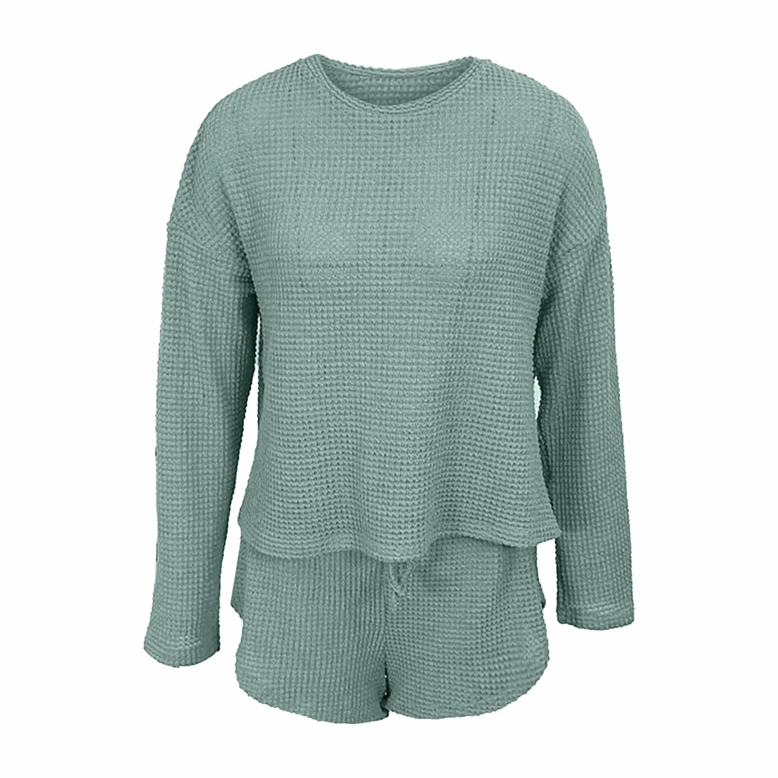 Generisch Conjunto de pijama de punto para mujer, manga larga, top y pantalones cortos, conjunto de ropa de salón con bolsillos, ropa de noche