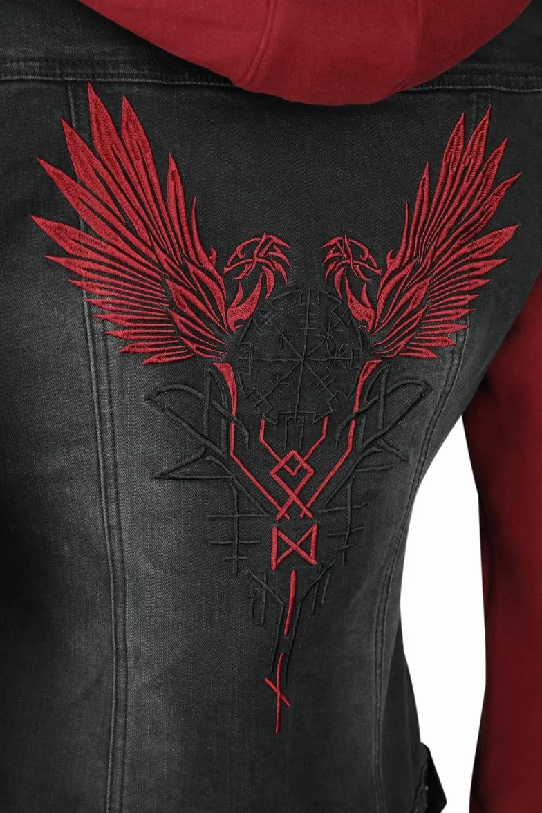 Chaqueta vaquera negra y roja con capucha desmontable Black Premium by EMP Mujer