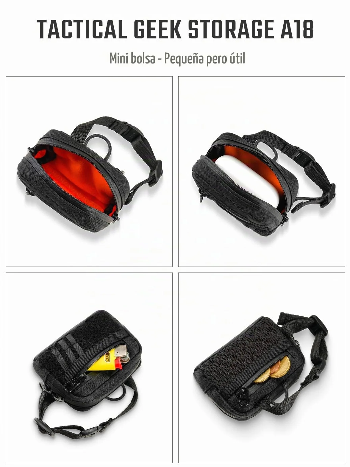 TACTICAL_GEEK Storage A18 EDC Utility Pouch - Bolsa compacta para auriculares inalámbricos con cierre rápido, mini monedero, para uso diario, viajes al aire libre, Negro , mini, Monedero